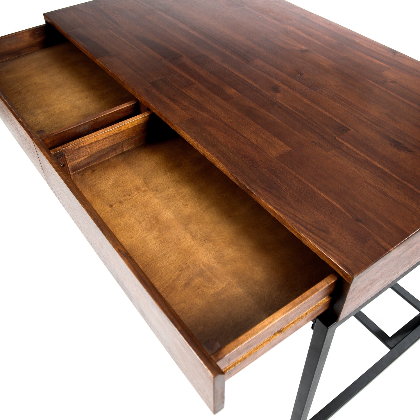 Rich walnut wood desk with two open drawers showing internal storage space