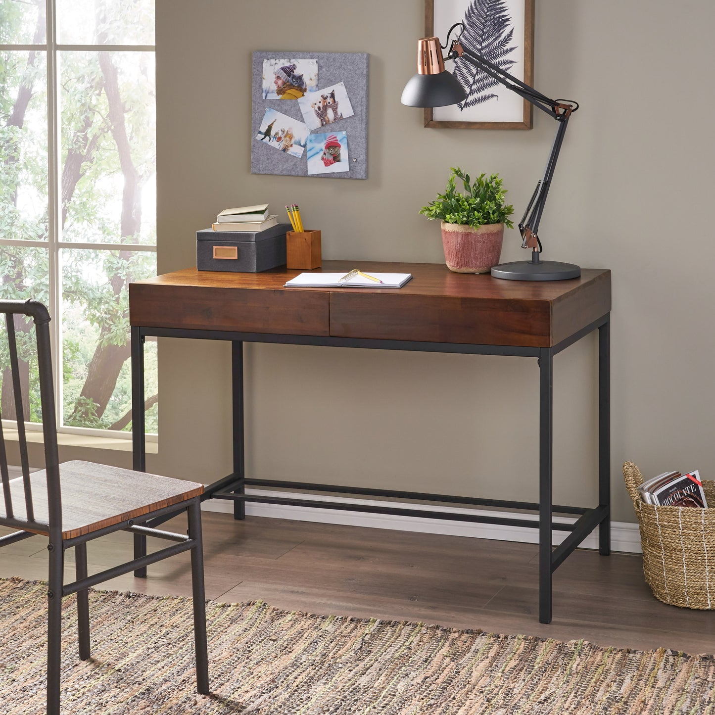 TREATLIFE HOME Industrial Storage Desk with Acacia Wood Top and Metal Legs, Large Drawer, Stylish Mid-Century Design, Oak Finish