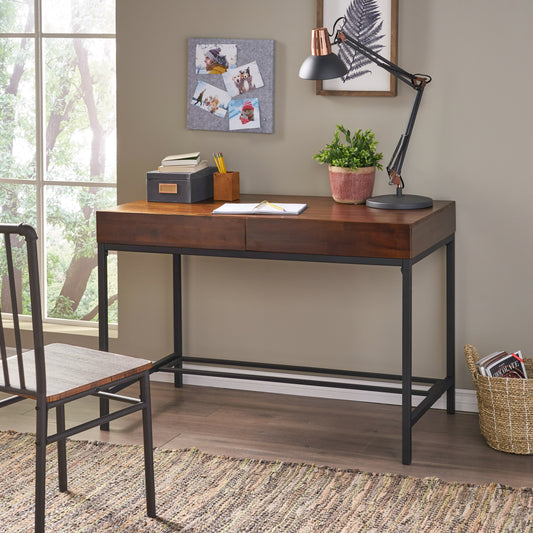 TREATLIFE HOME Industrial Storage Desk with Acacia Wood Top and Metal Legs, Large Drawer, Stylish Mid-Century Design, Oak Finish