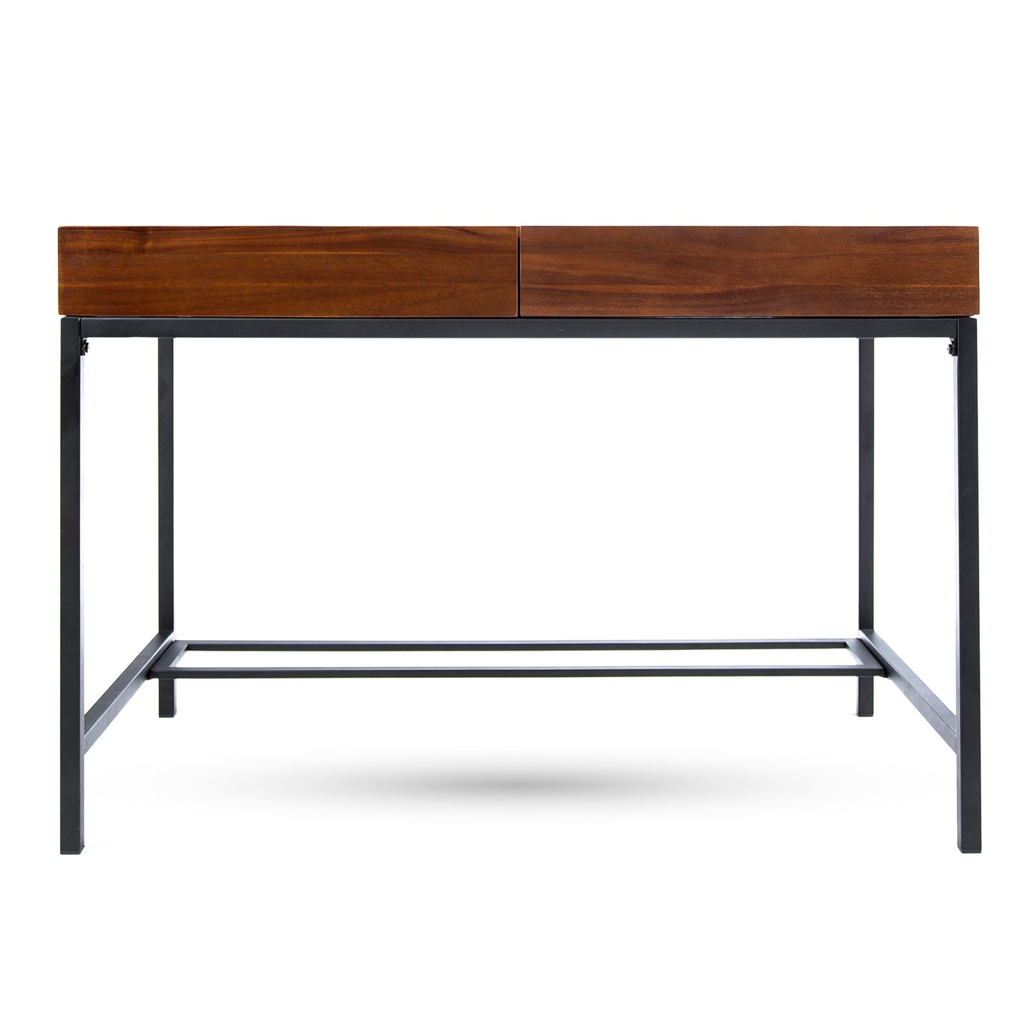 Modern twodrawer desk with dark wood top and black metal frame