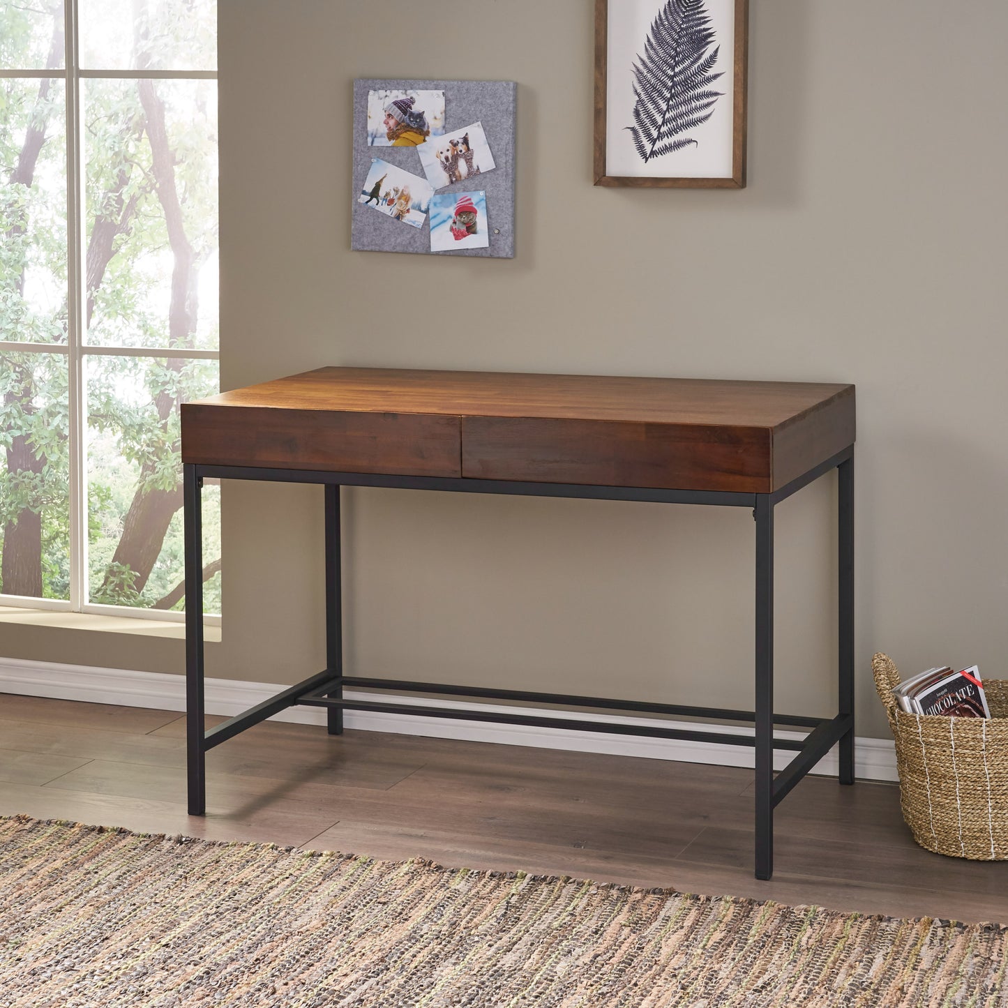 Modern wooden desk with black metal legs and two drawers perfect for home offices