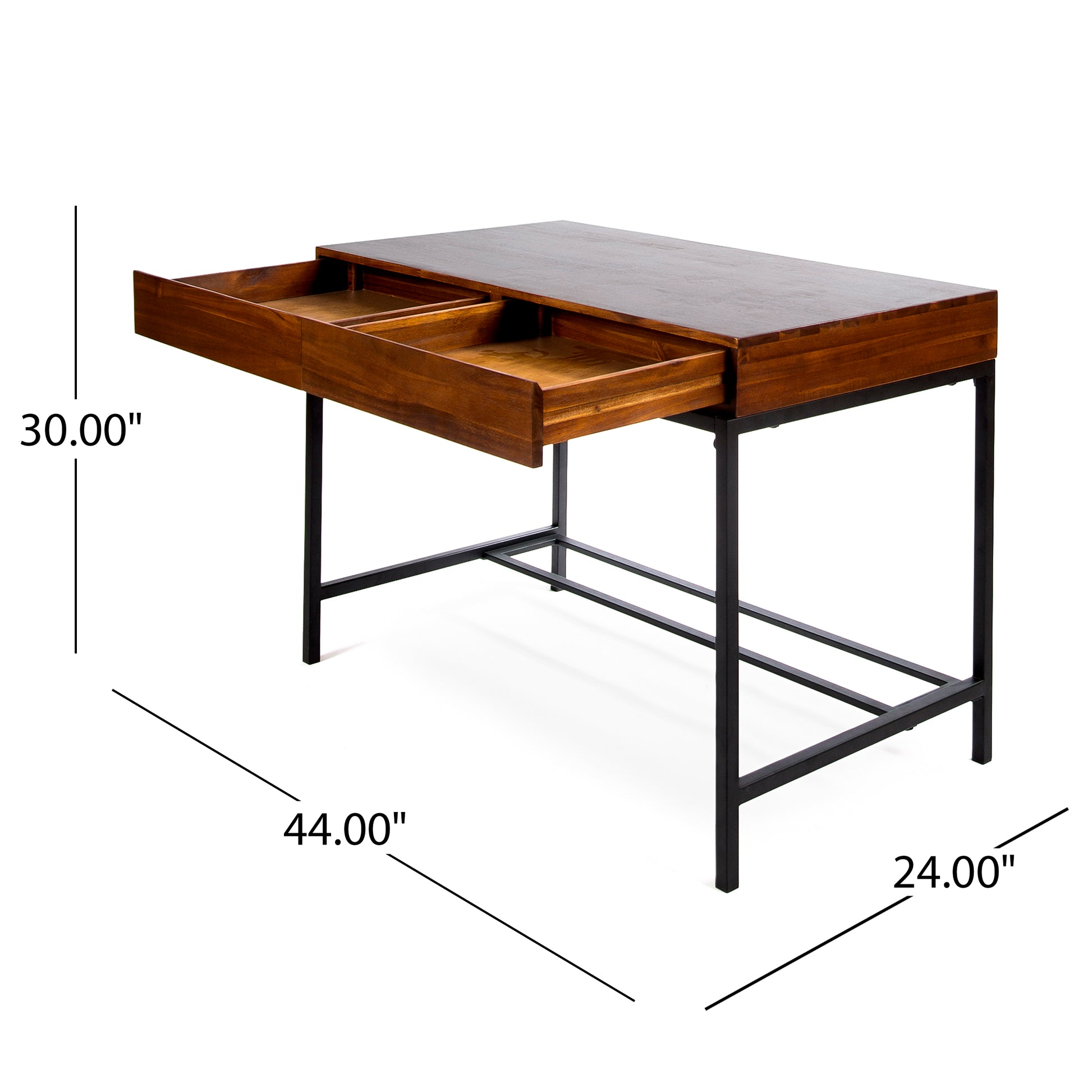 Walnut wood writing desk with two open drawers and black metal frame
