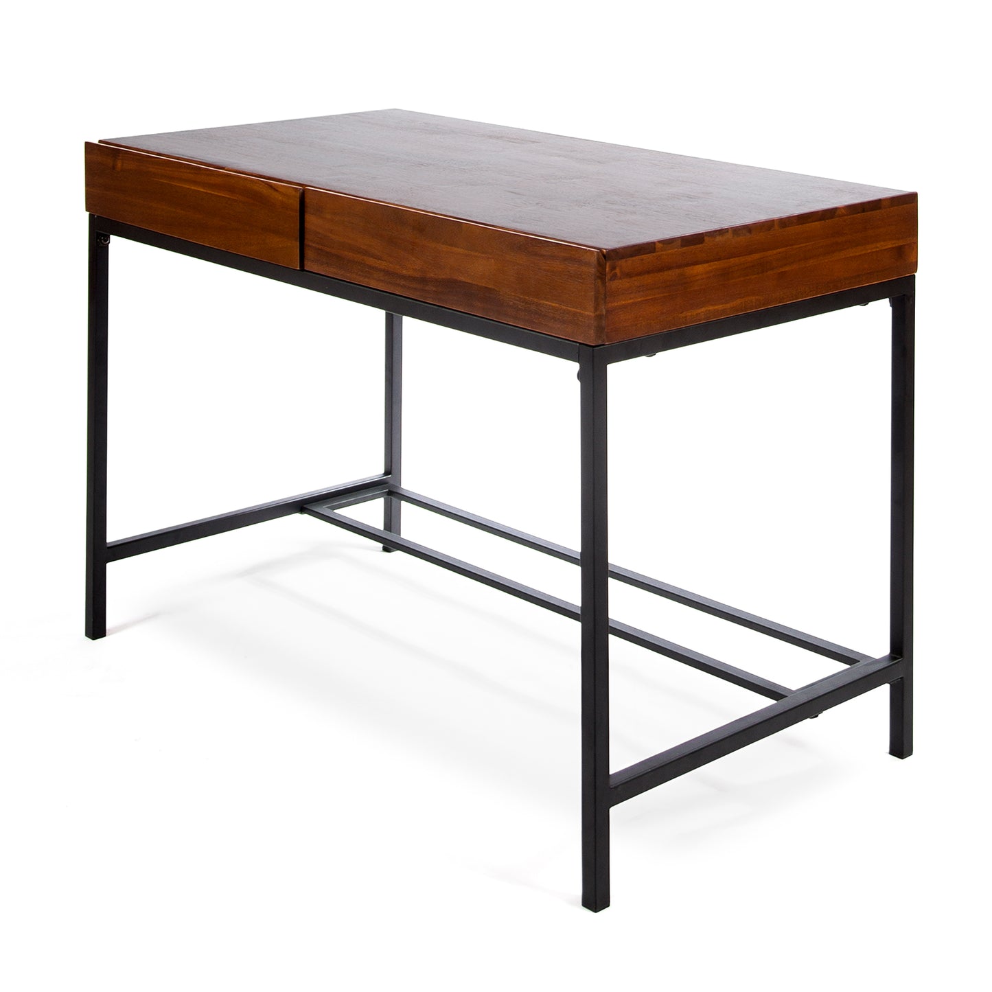 Modern wooden desk with two drawers and black metal frame