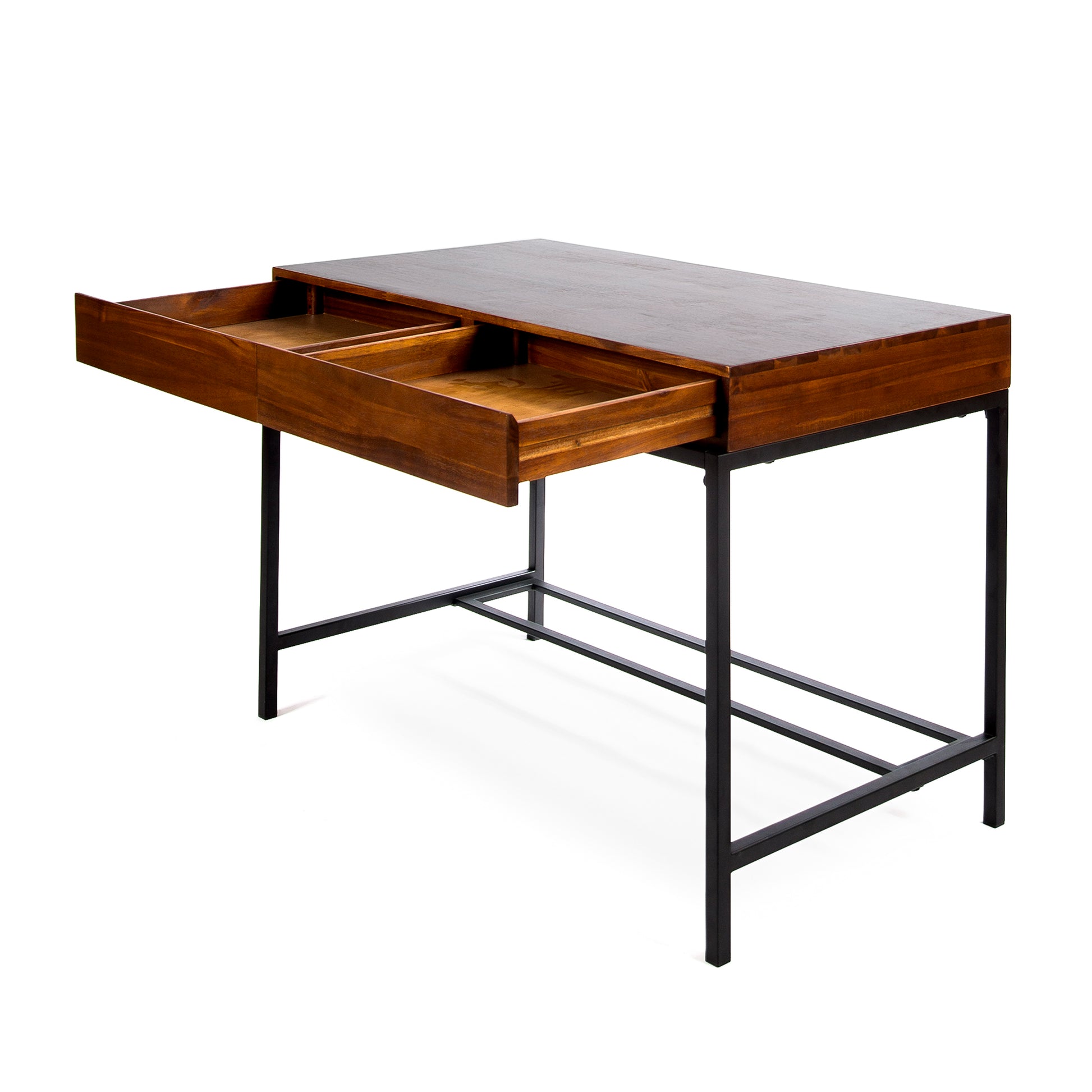 Modern wooden desk with two open drawers and black metal legs
