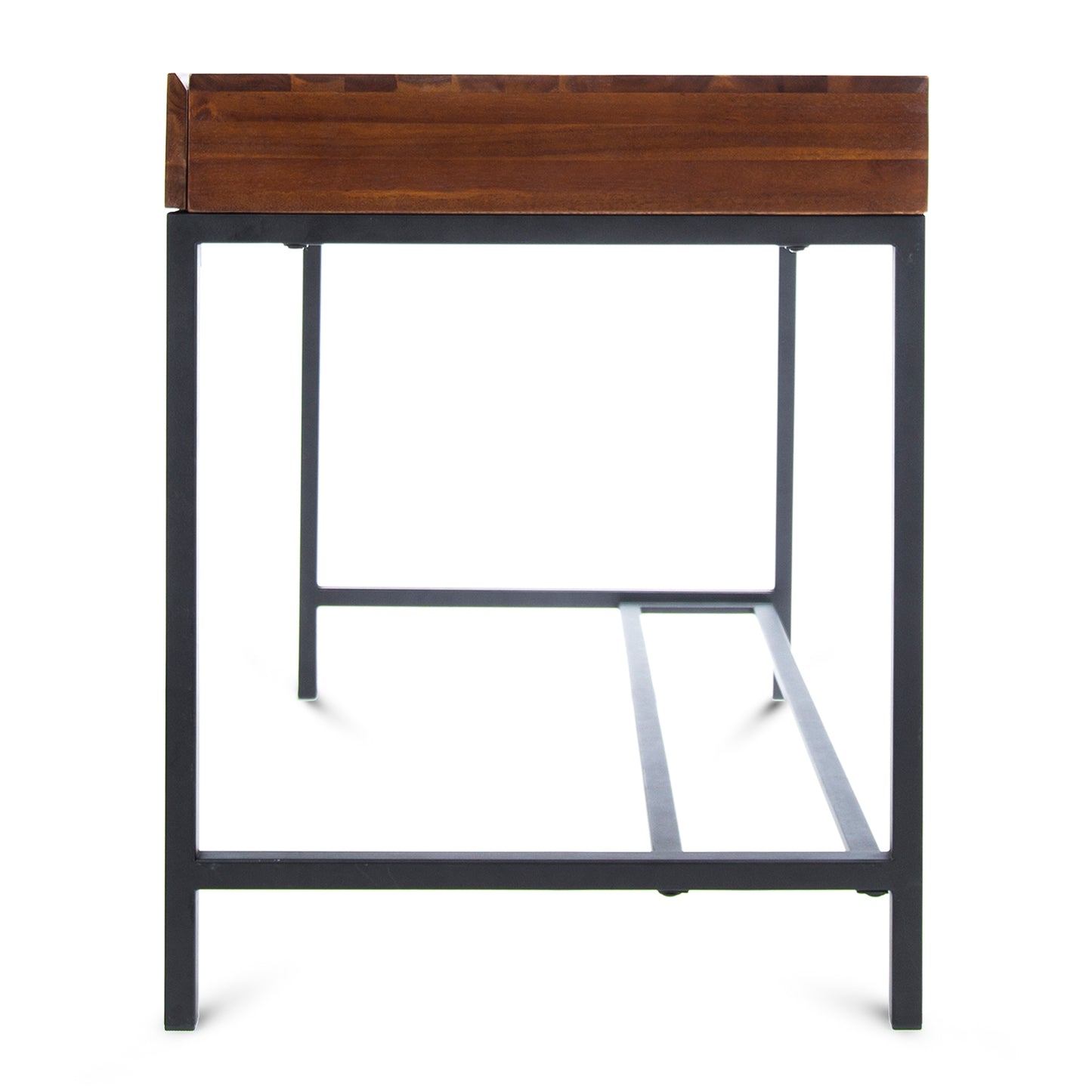 Minimalist wooden desk with dark metal frame and simple drawer