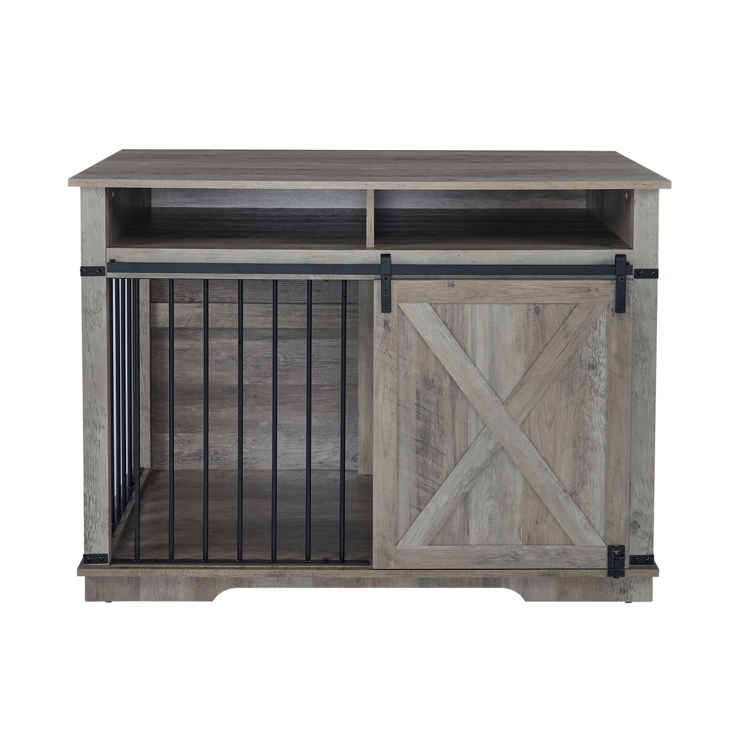 Rustic barnwood dog crate furniture with sliding door and open shelf