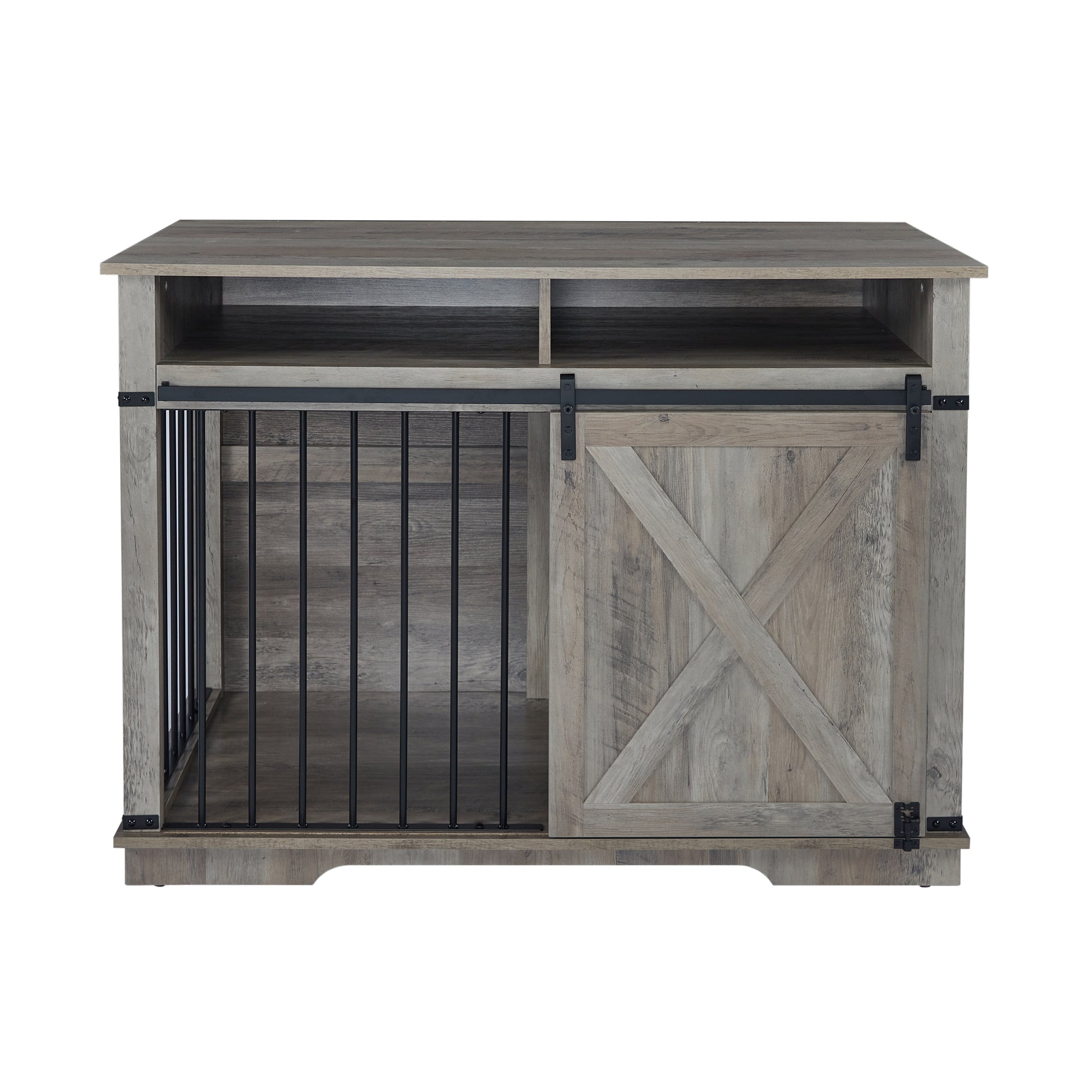 Rustic barnwood dog crate furniture with sliding door and open shelf