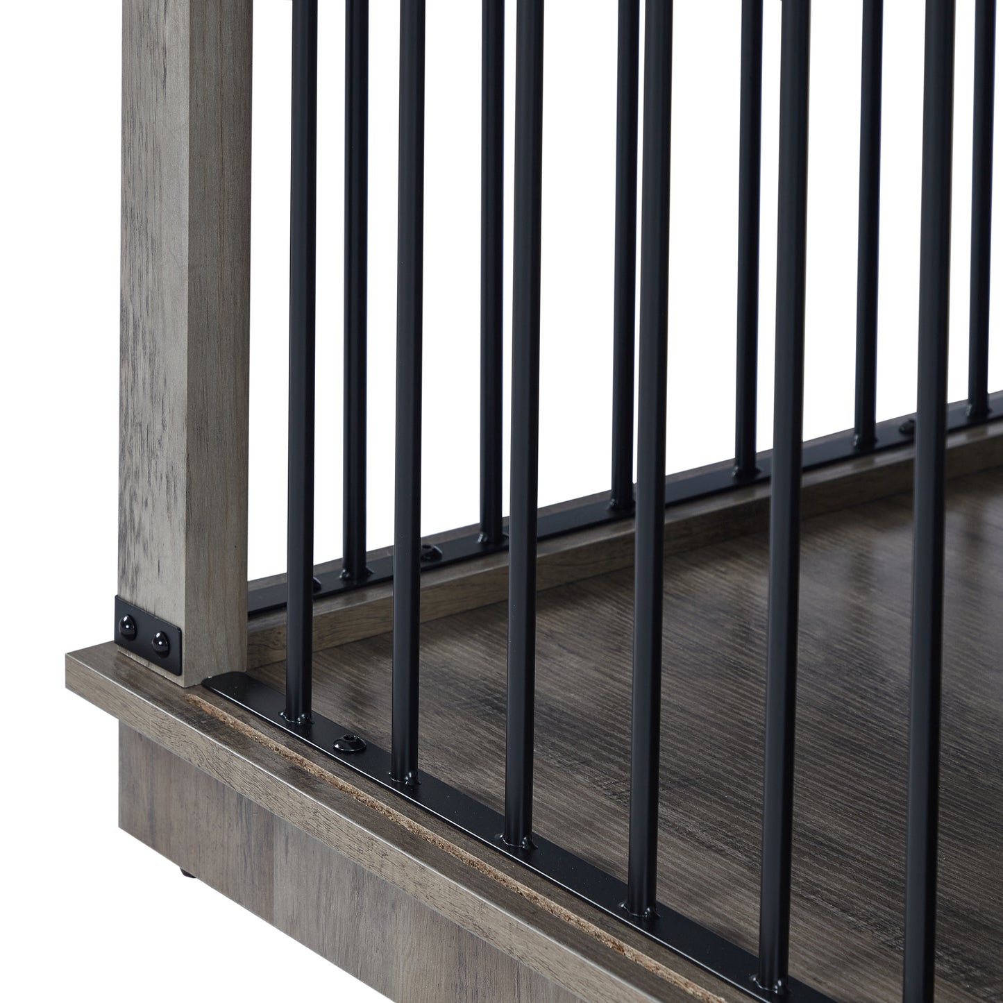 Rustic gray wood pet crate with black metal bars modern design