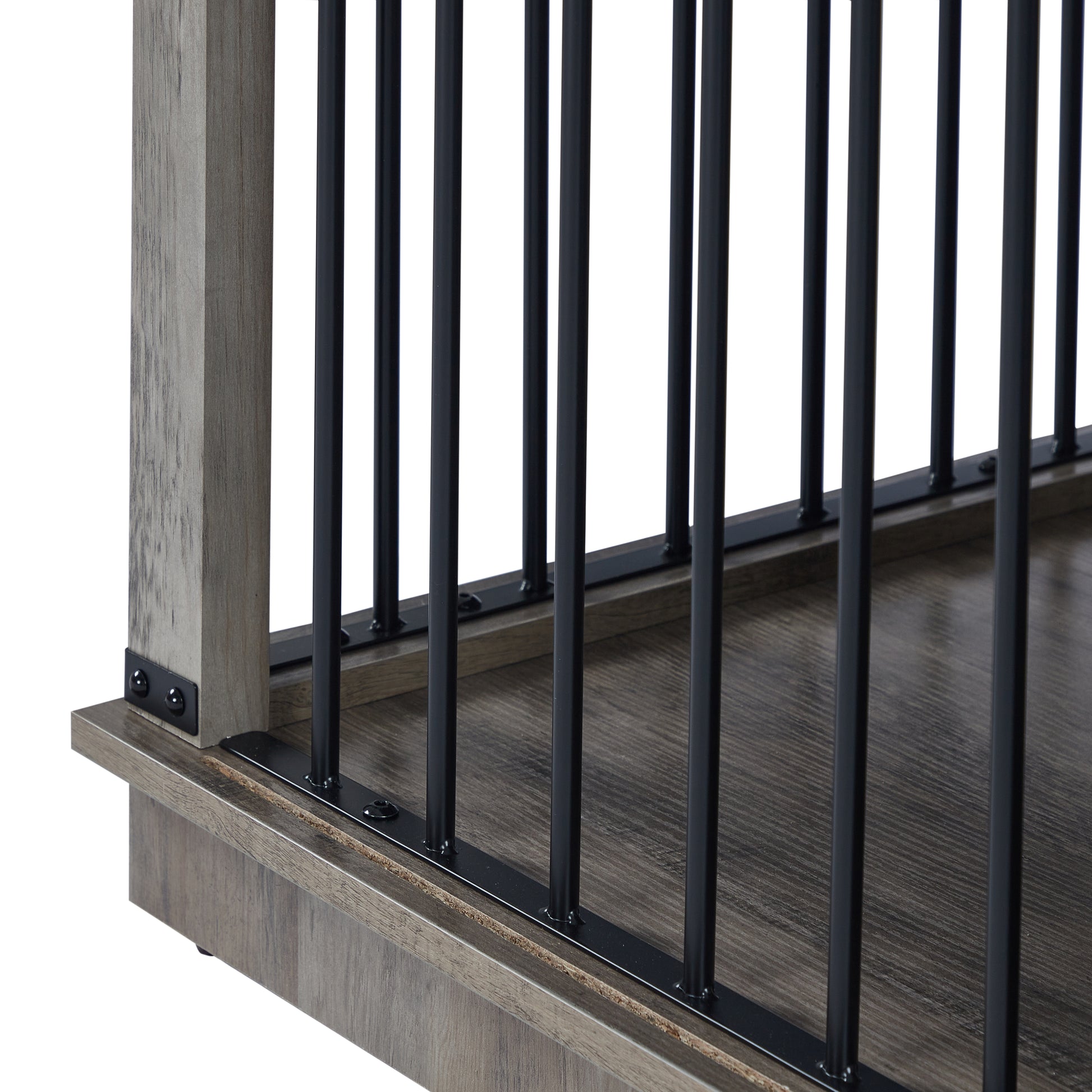 Rustic gray wood pet crate with black metal bars modern design