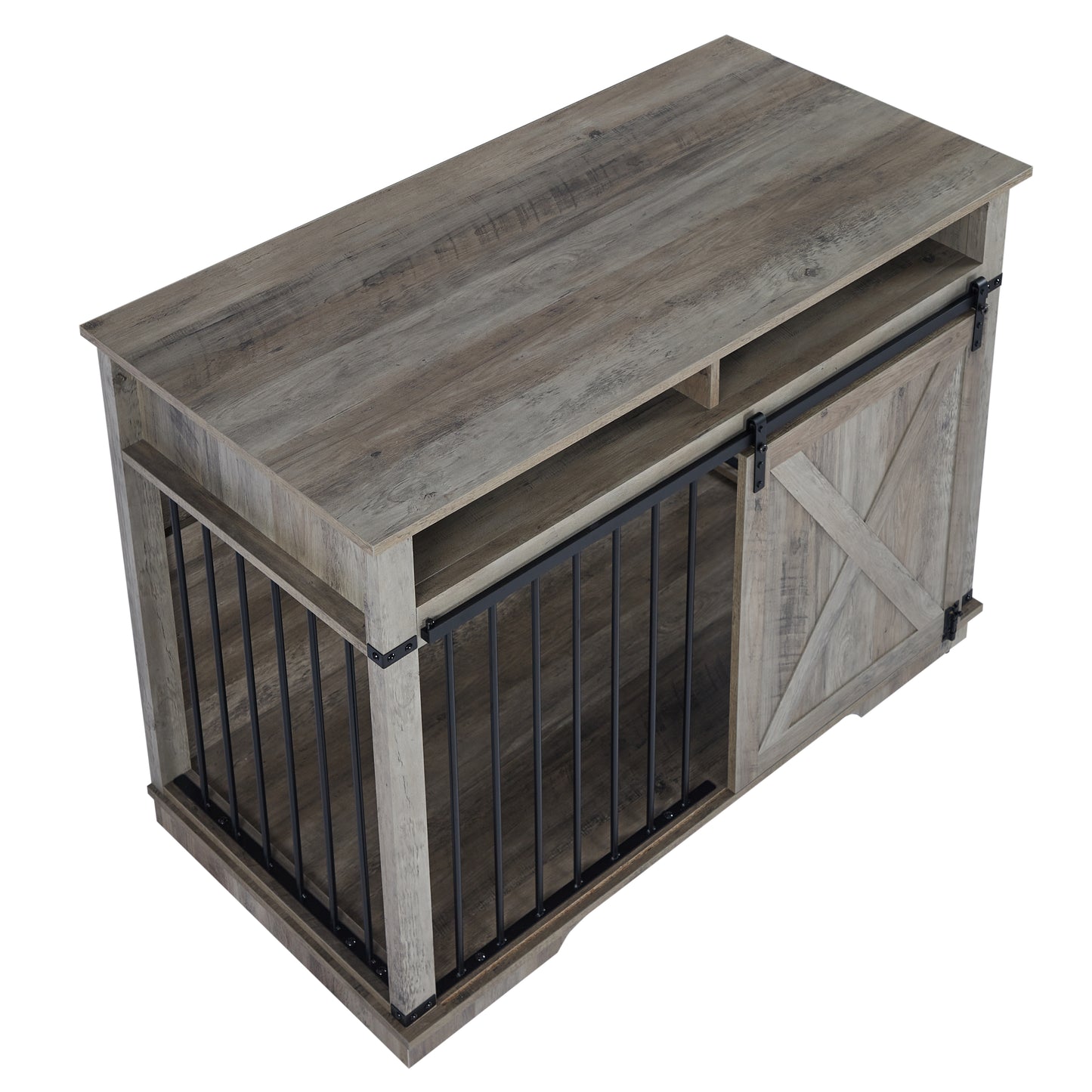 Rustic wood dog crate with sliding barn door and black metal bars
