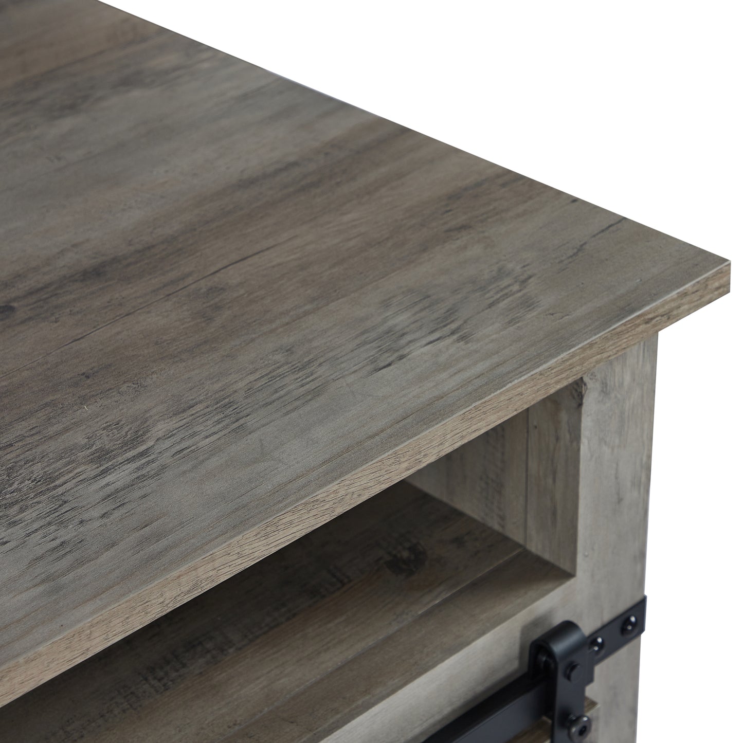 Rustic grey wood grain tv stand with black metal hardware detail