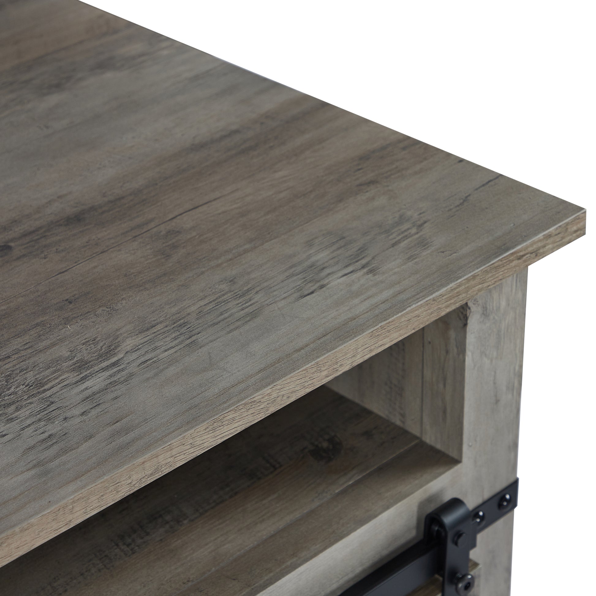 Rustic grey wood grain tv stand with black metal hardware detail