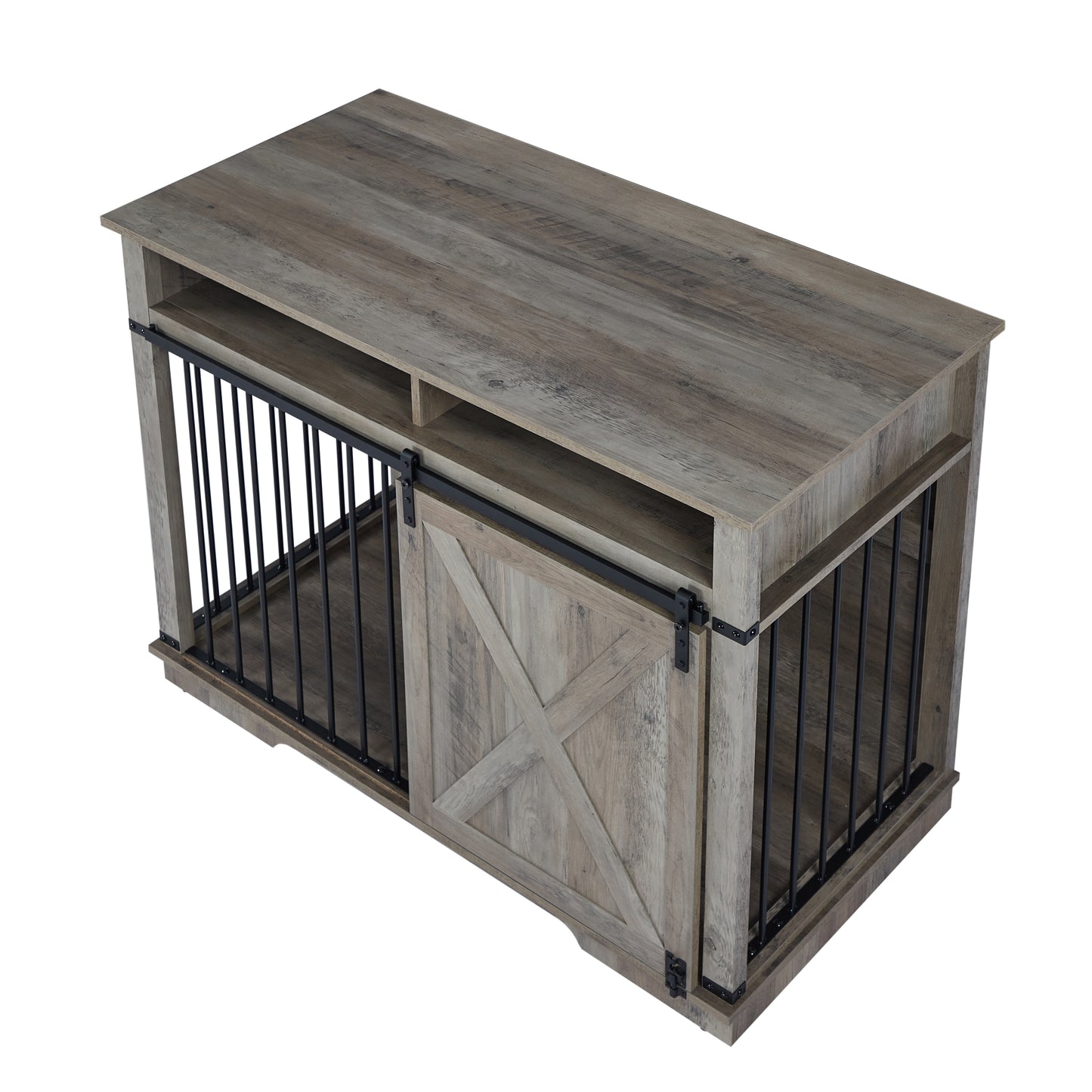 Rustic wooden dog crate with sliding barn doors and black metal bars for secure pet housing