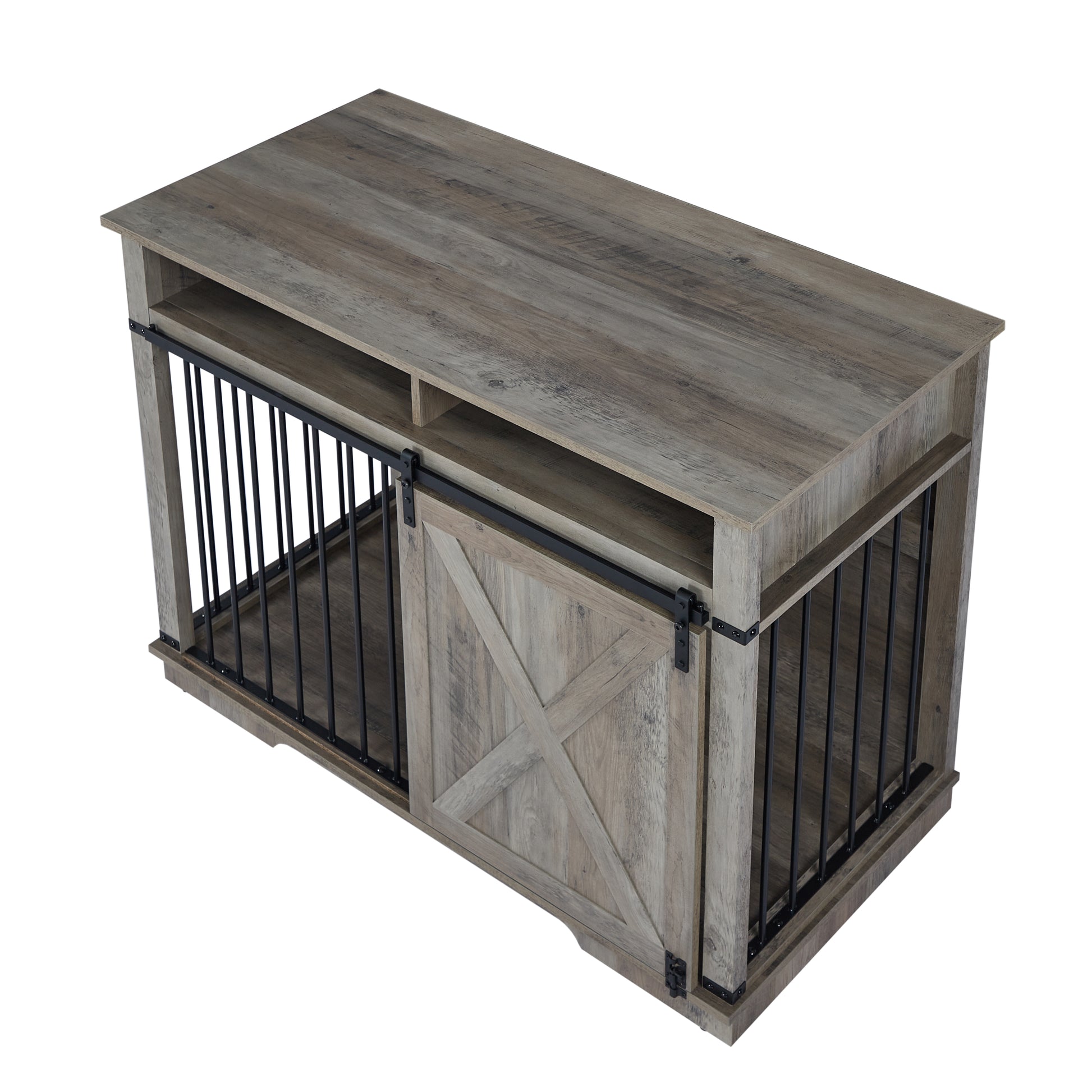Rustic wooden dog crate with sliding barn doors and black metal bars for secure pet housing
