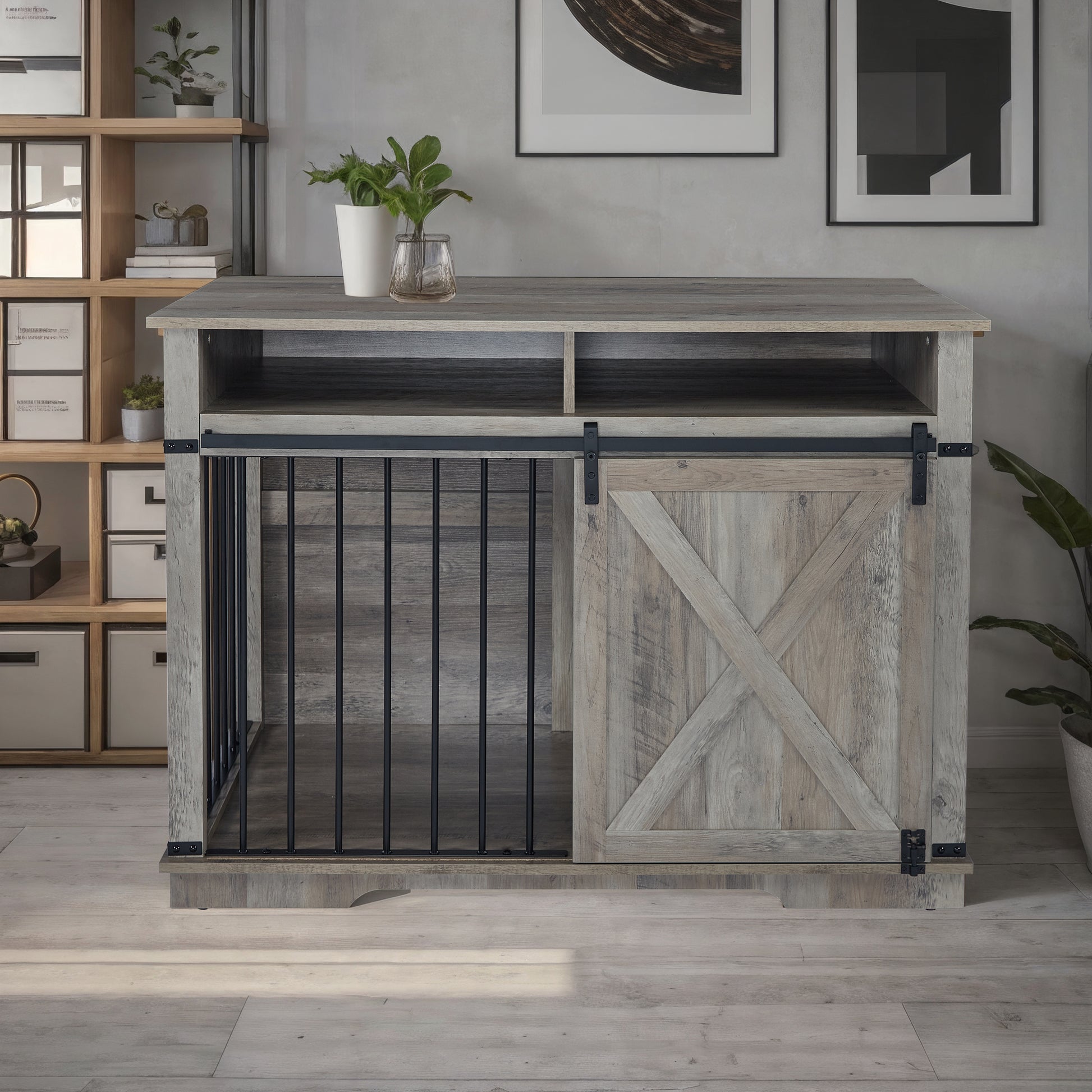 Rustic wooden dog crate with sliding barn door and black metal bars for secure containment