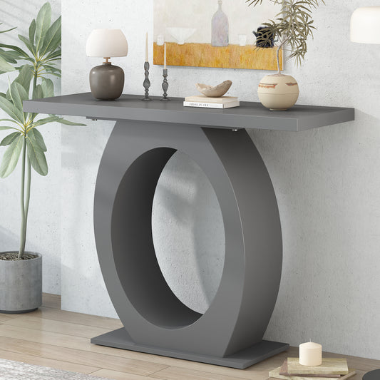 Modern grey console table with circular open base ideal for entryways