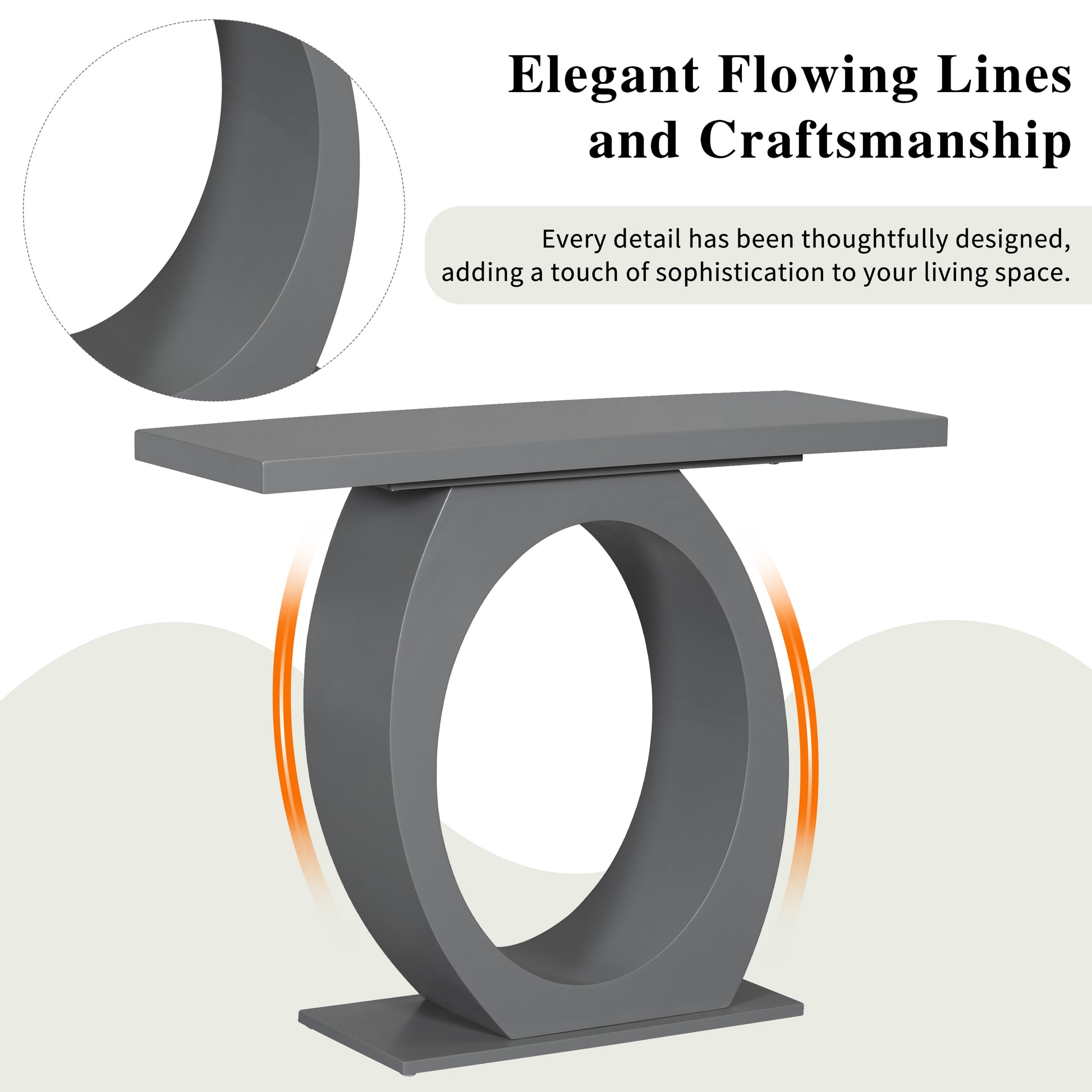 Modern gray console table with a sleek open oval base and flat top