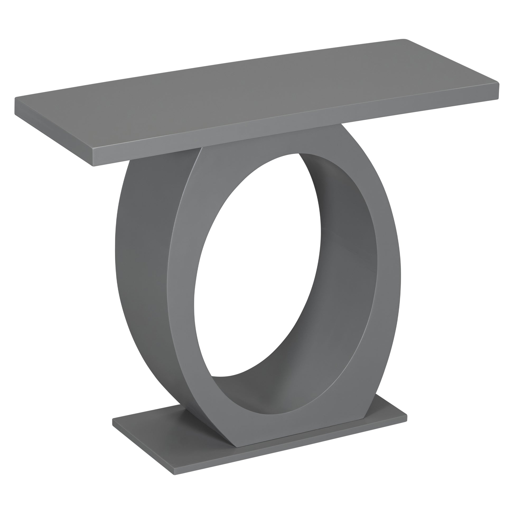 Gray modern console table with a sculptural circular base and minimalist design