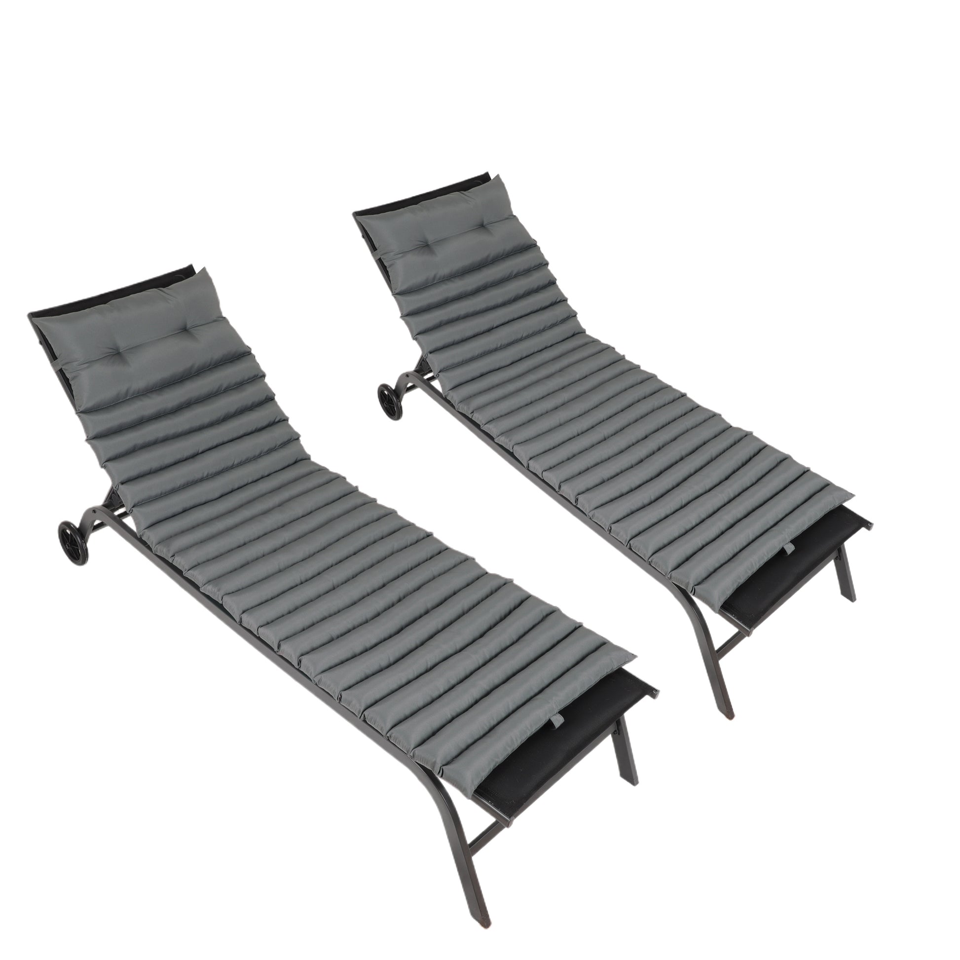 Two grey padded outdoor lounge chairs with metal frames and wheels