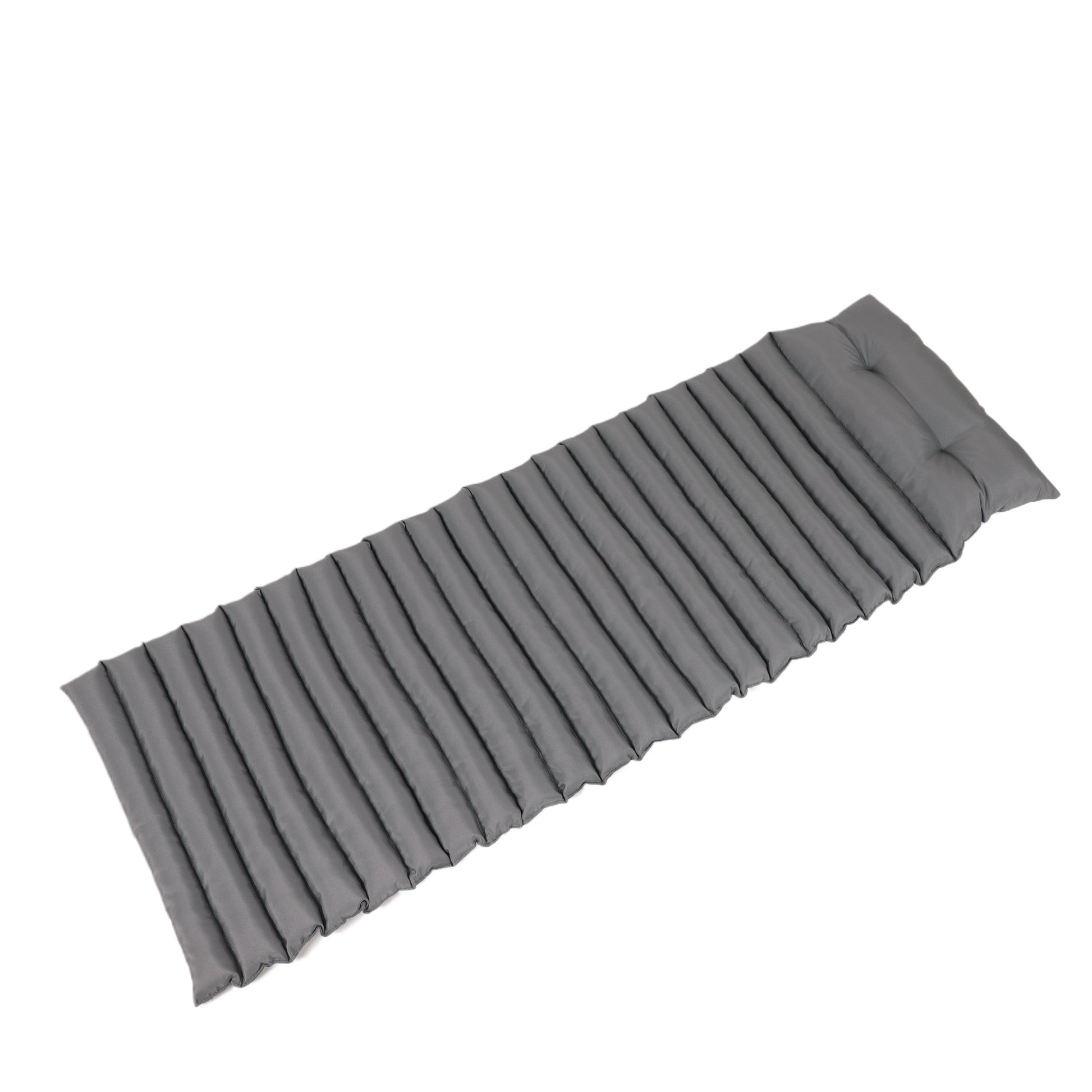 Grey inflatable sleeping pad with horizontal ribbed texture