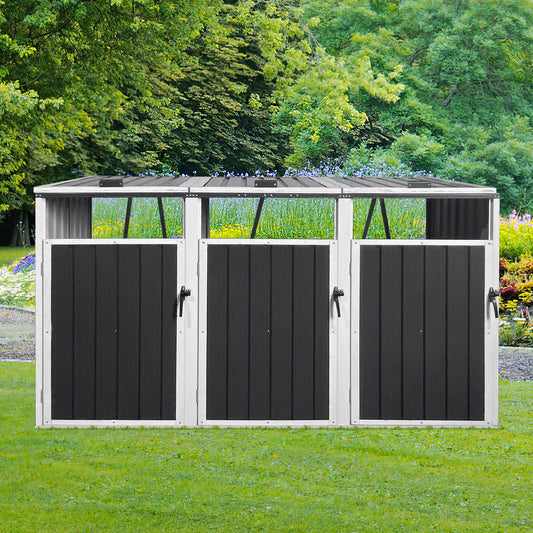 Tripledoor outdoor storage shed with dark grey panels and silver frame