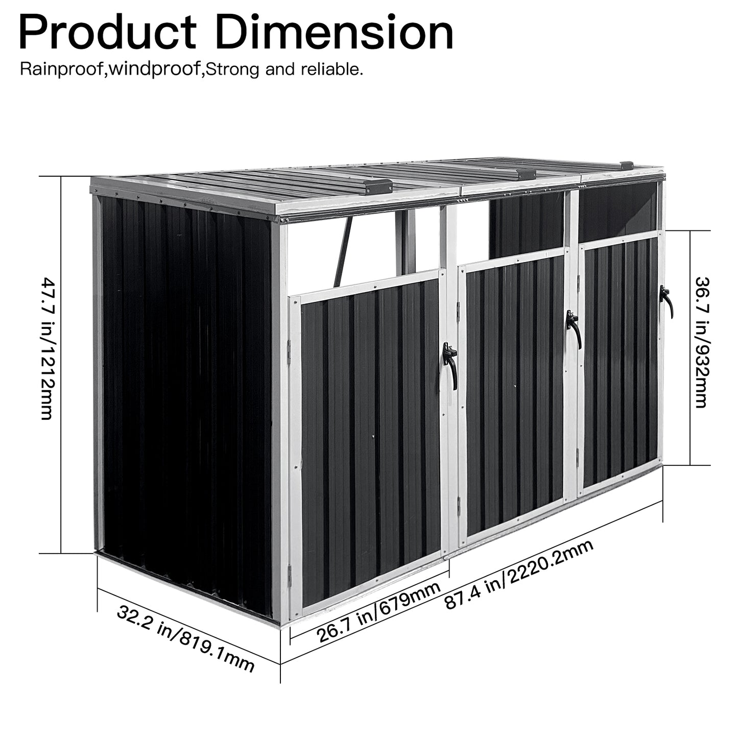 Black metal outdoor storage unit with three doors and silver trim ideal for garden organization