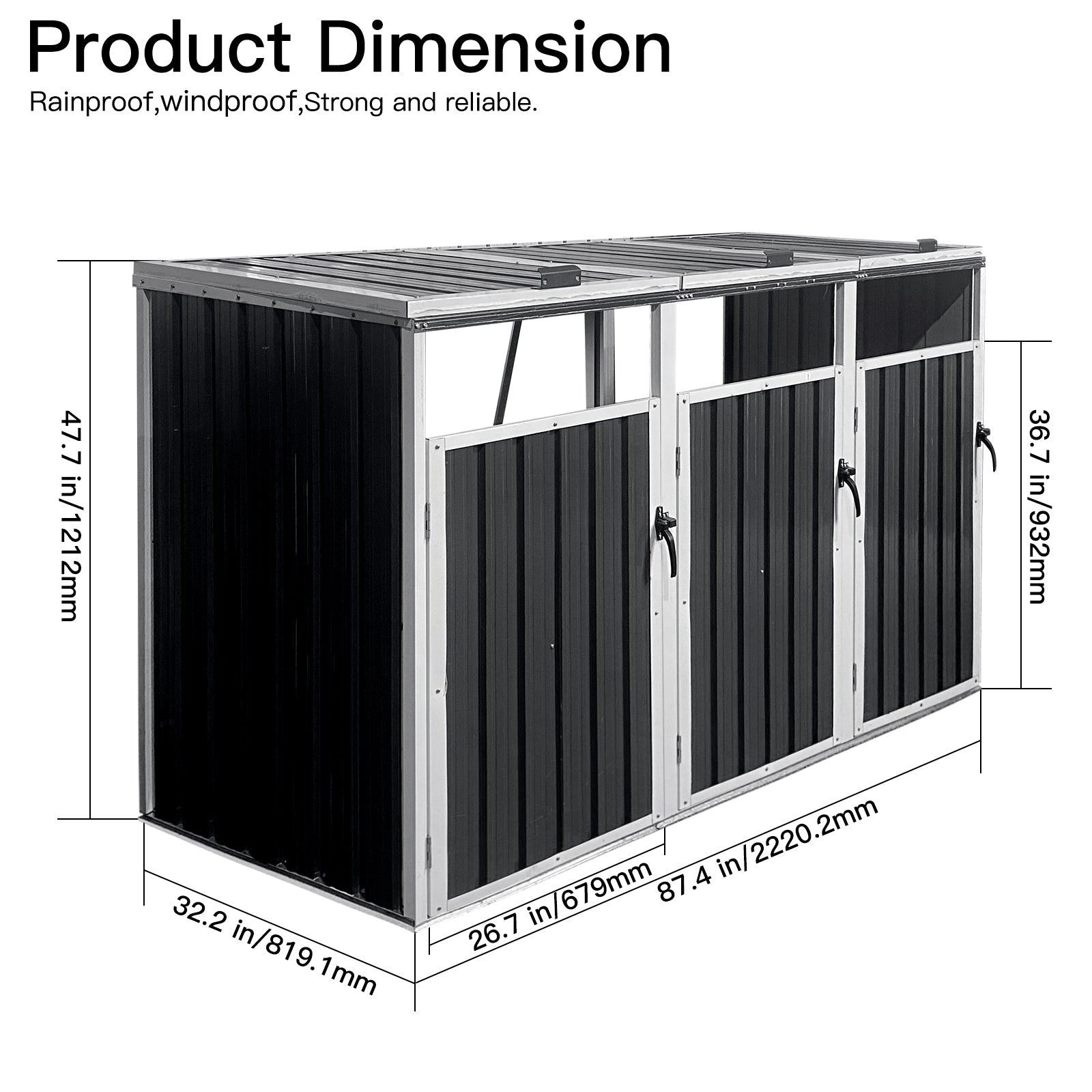 Black metal outdoor storage unit with three doors and silver trim ideal for garden organization
