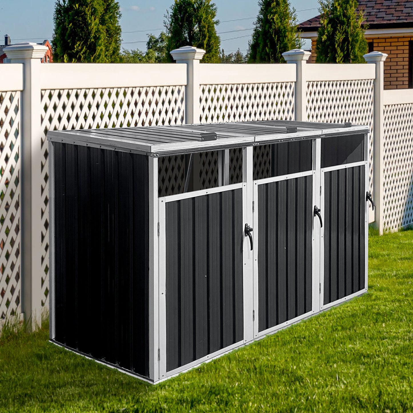 Black and silver outdoor storage bin with triple doors and metal roof