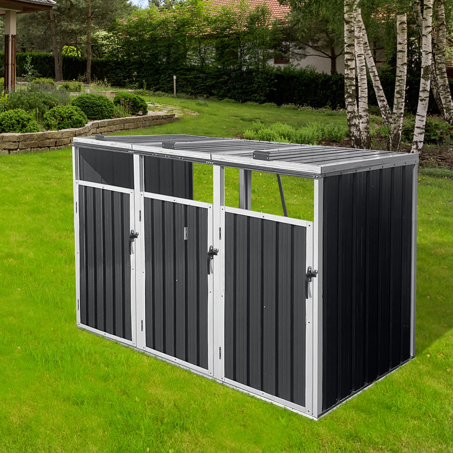 Black metal garden storage box with triple doors ideal for outdoor organization