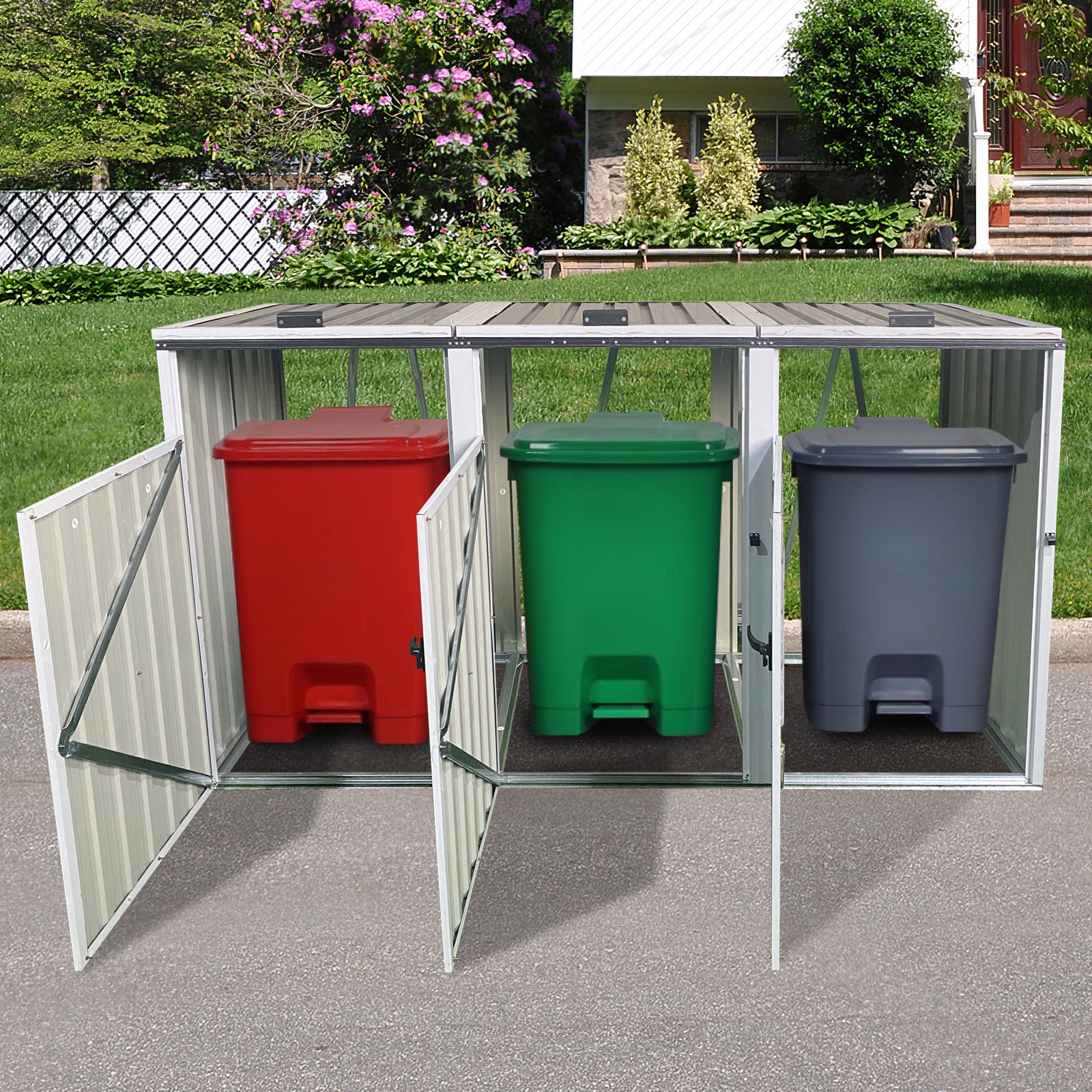 Outdoor triple bin storage unit with red green and grey wheelie bins inside