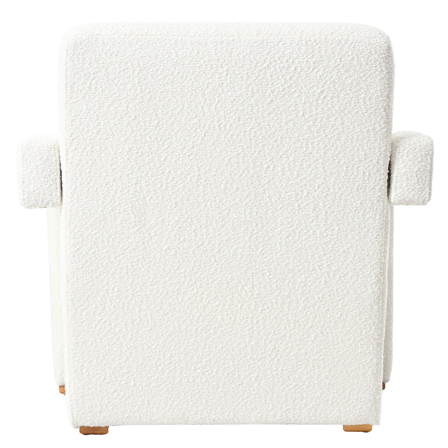 Back view of a plush white armchair with textured fabric and wooden legs