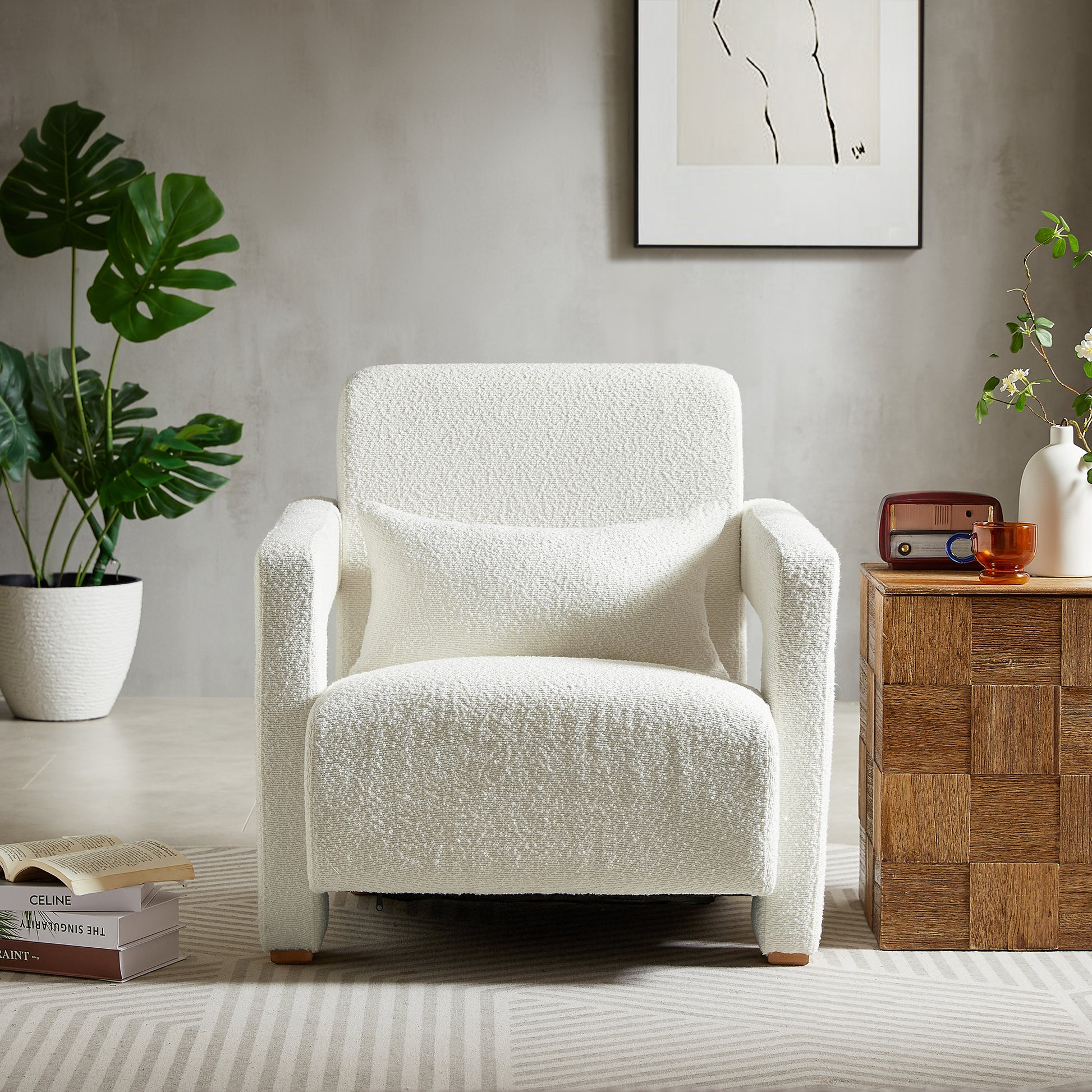 Plush boucle accent chair in cream with a lumbar pillow perfect for a cozy living room