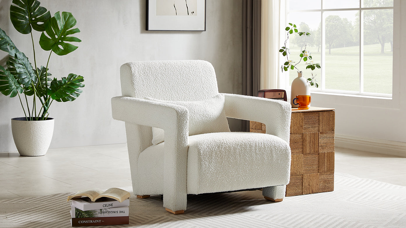 Cozy white boucle accent chair with plush upholstery perfect for a living room