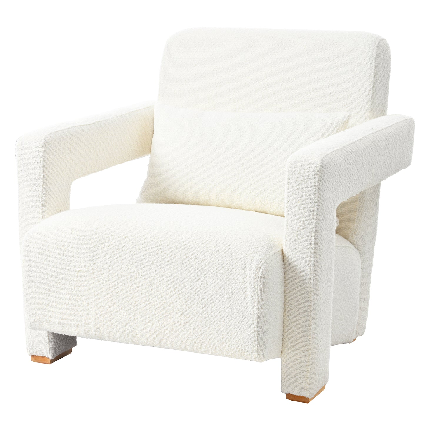 Plush cream boucle armchair with square arms and a small accent pillow perfect for a modern living room