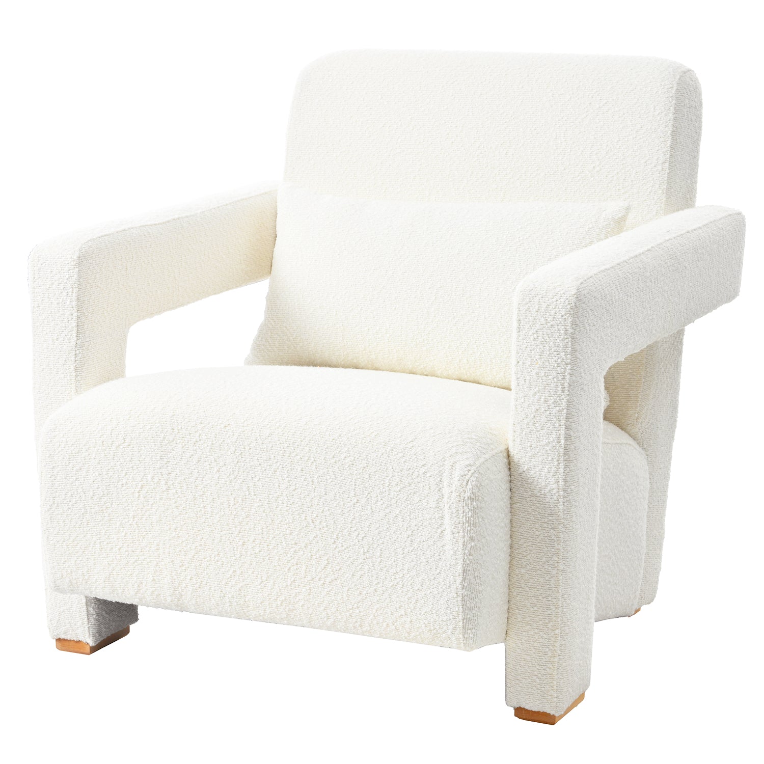 Plush cream boucle armchair with square arms and a small accent pillow perfect for a modern living room