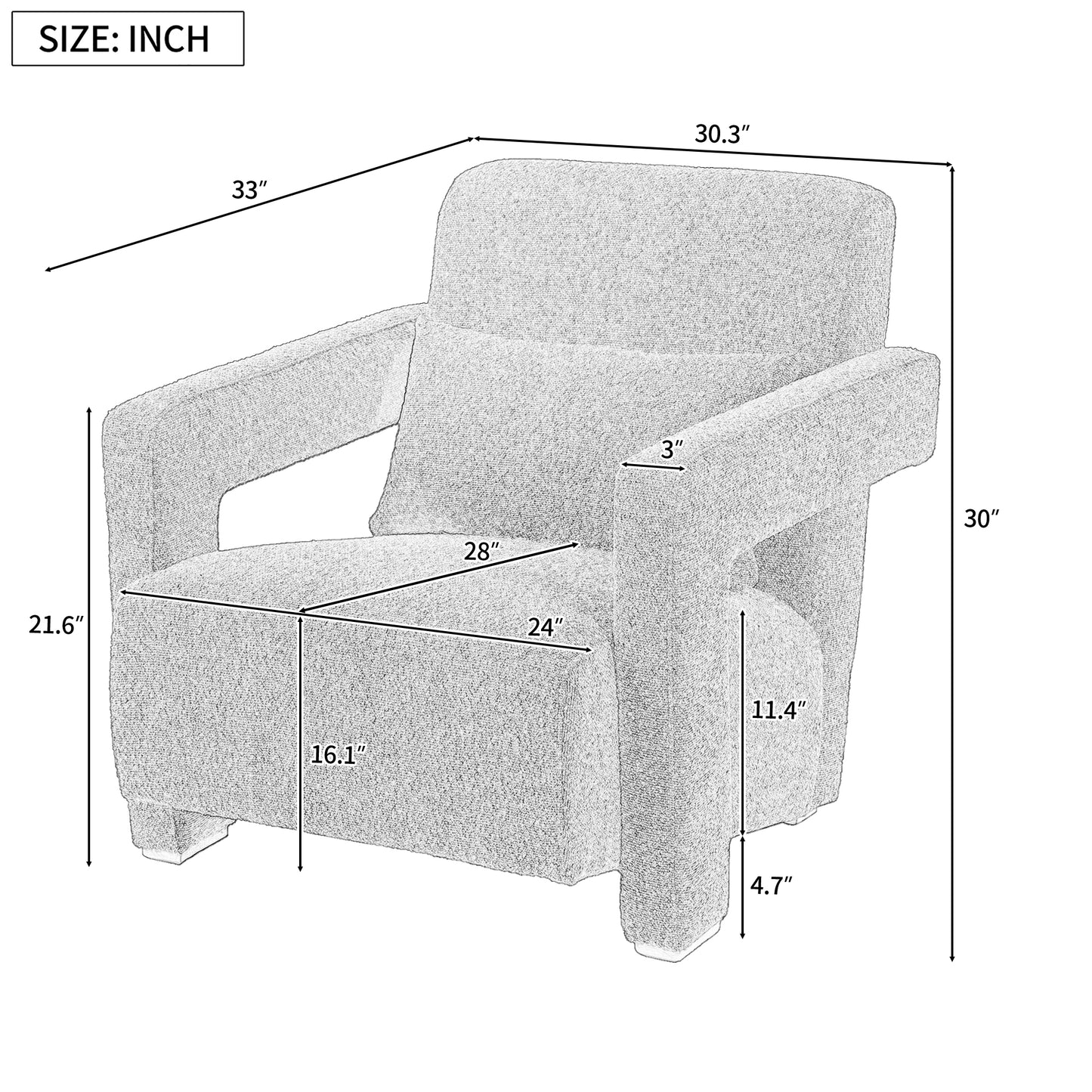Textured armchair with plush fabric measuring xx inches perfect for modern living rooms