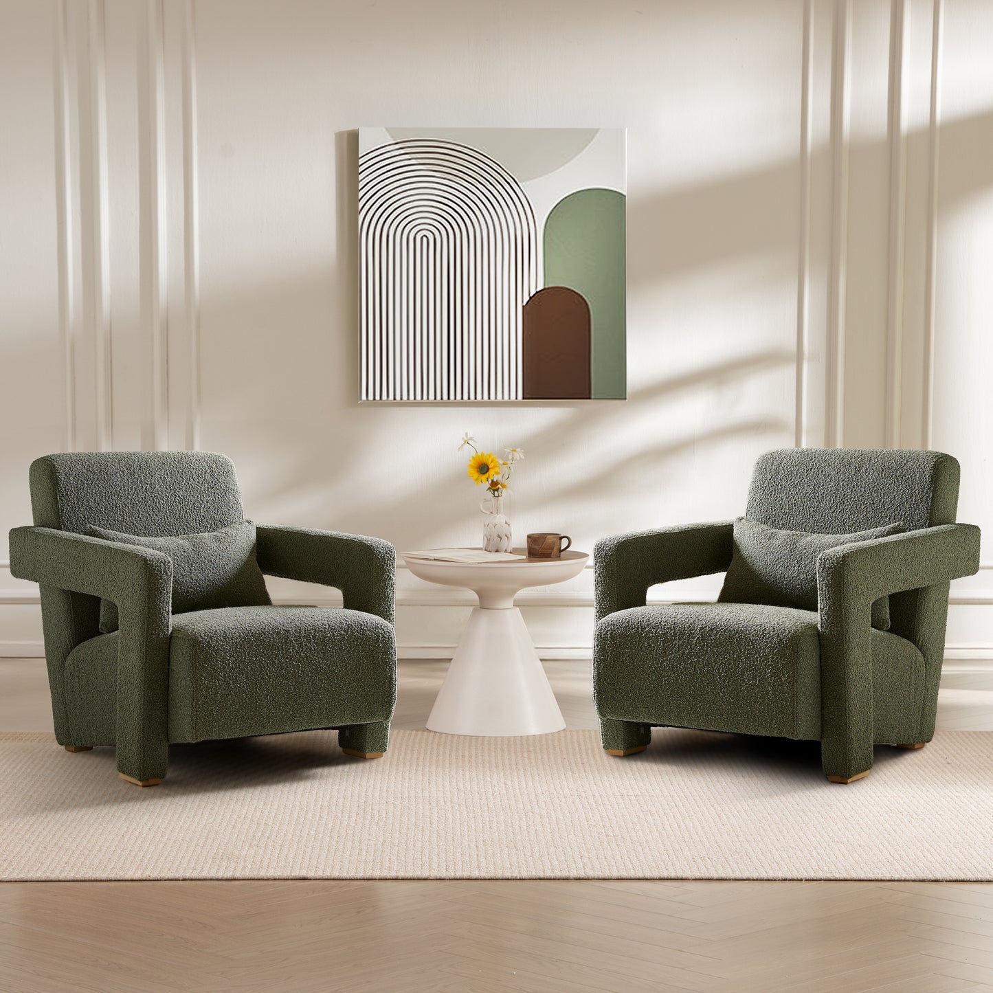 Plush green armchair with textured fabric and wooden legs