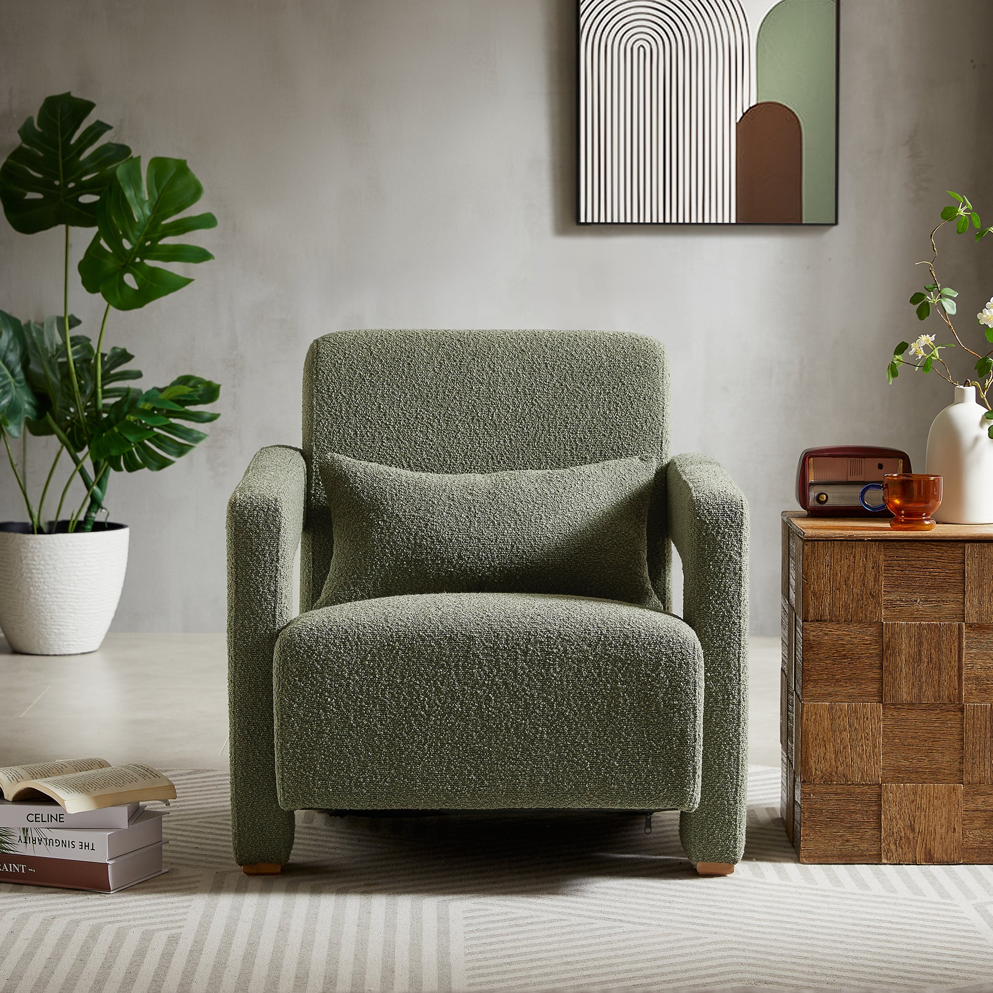 Cozy green boucle accent chair with included lumbar pillow for living room comfort