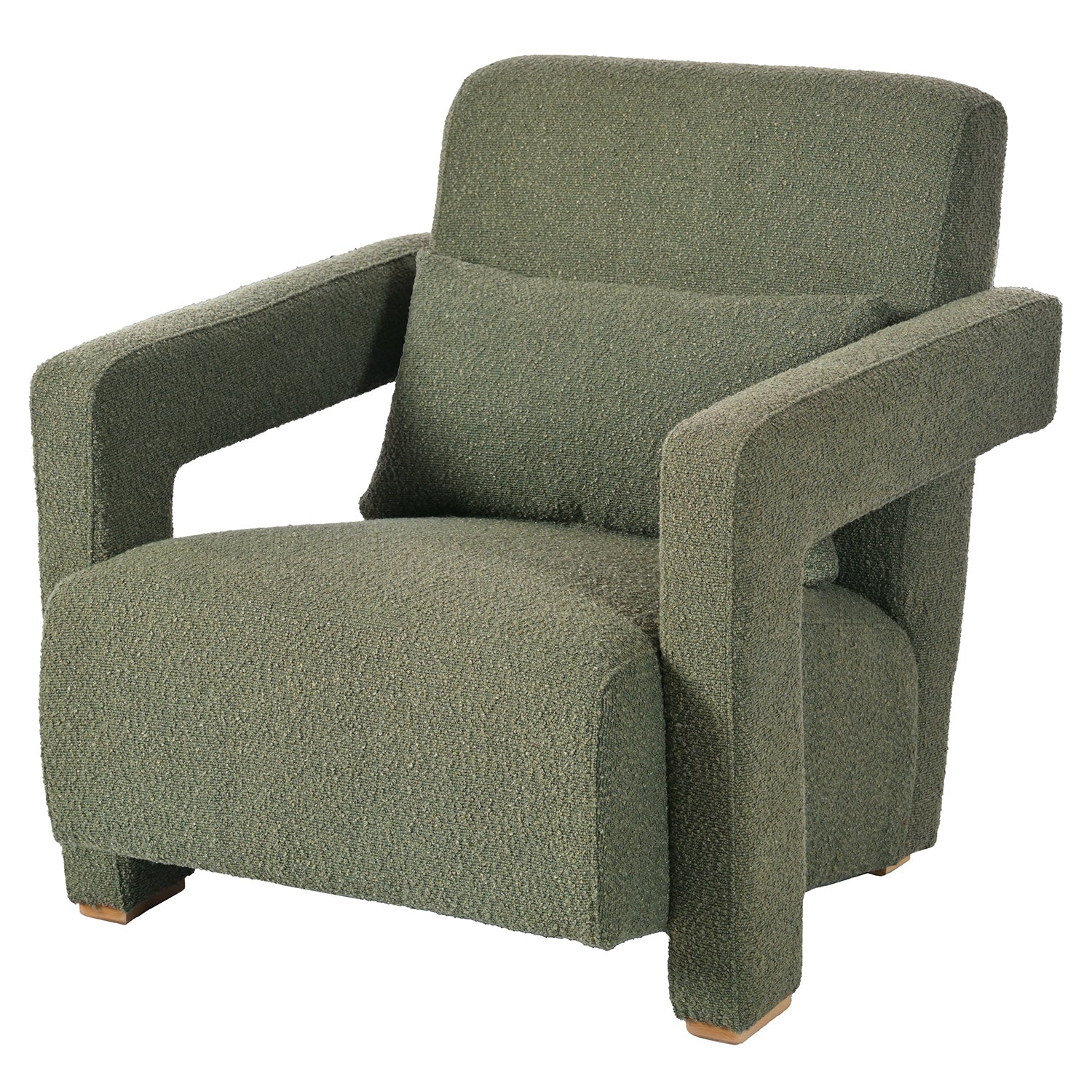 Textured green armchair with a modern minimalist design and matching throw pillow