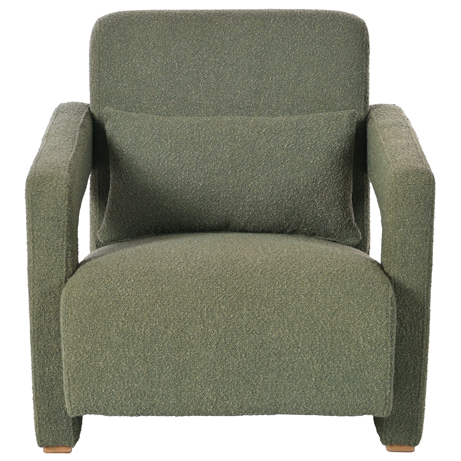 Textured green fabric armchair with matching lumbar pillow for comfortable seating