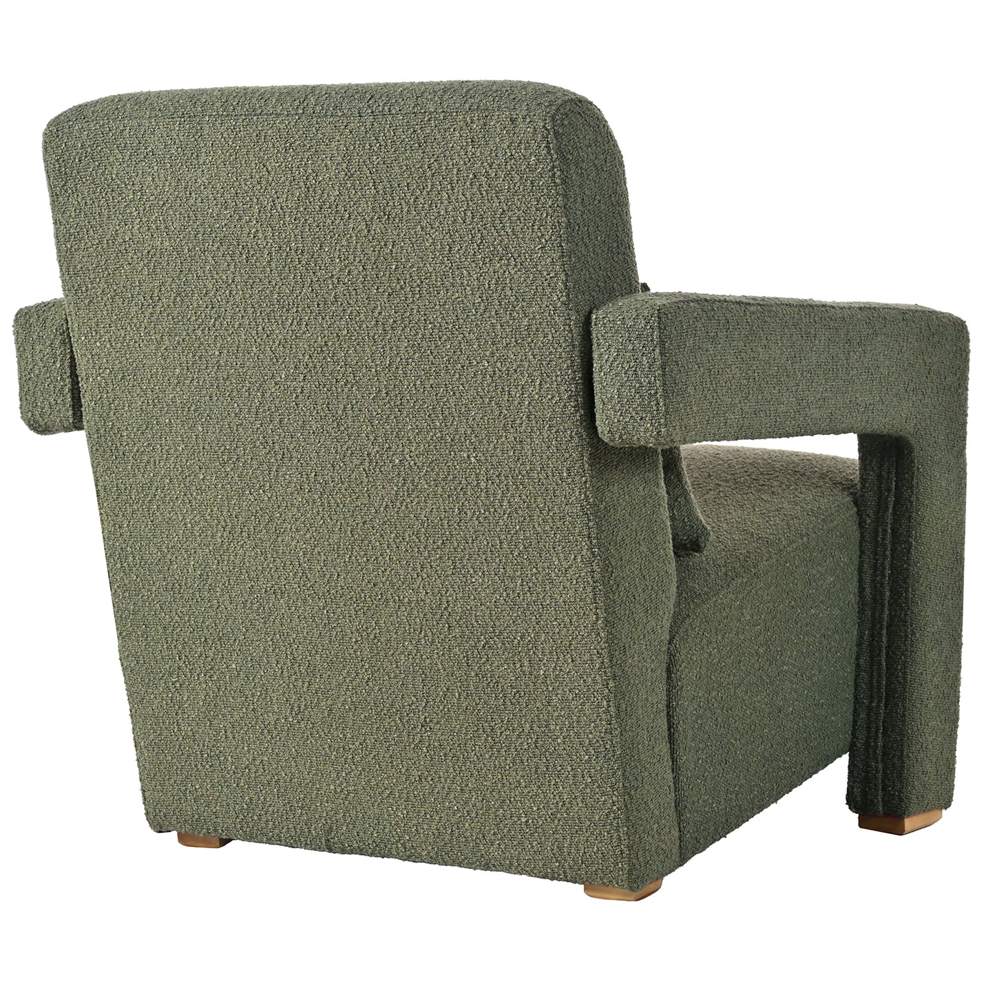 Textured green boucle armchair with wide arms and wooden feet