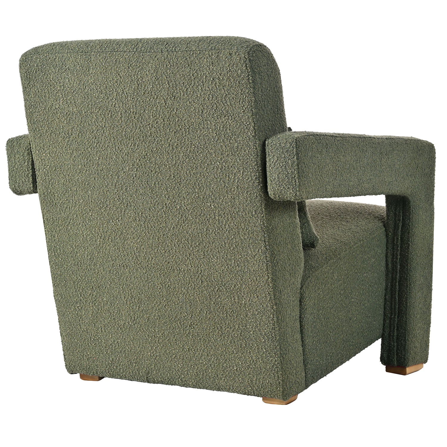 Textured green boucle armchair with wide arms and wooden feet