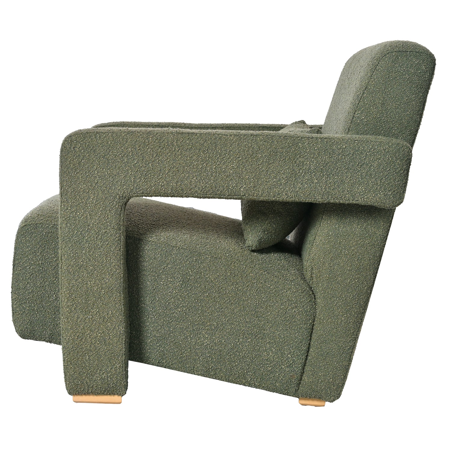 Textured green boucle armchair with modern block arms and light wood accents perfect for a living room
