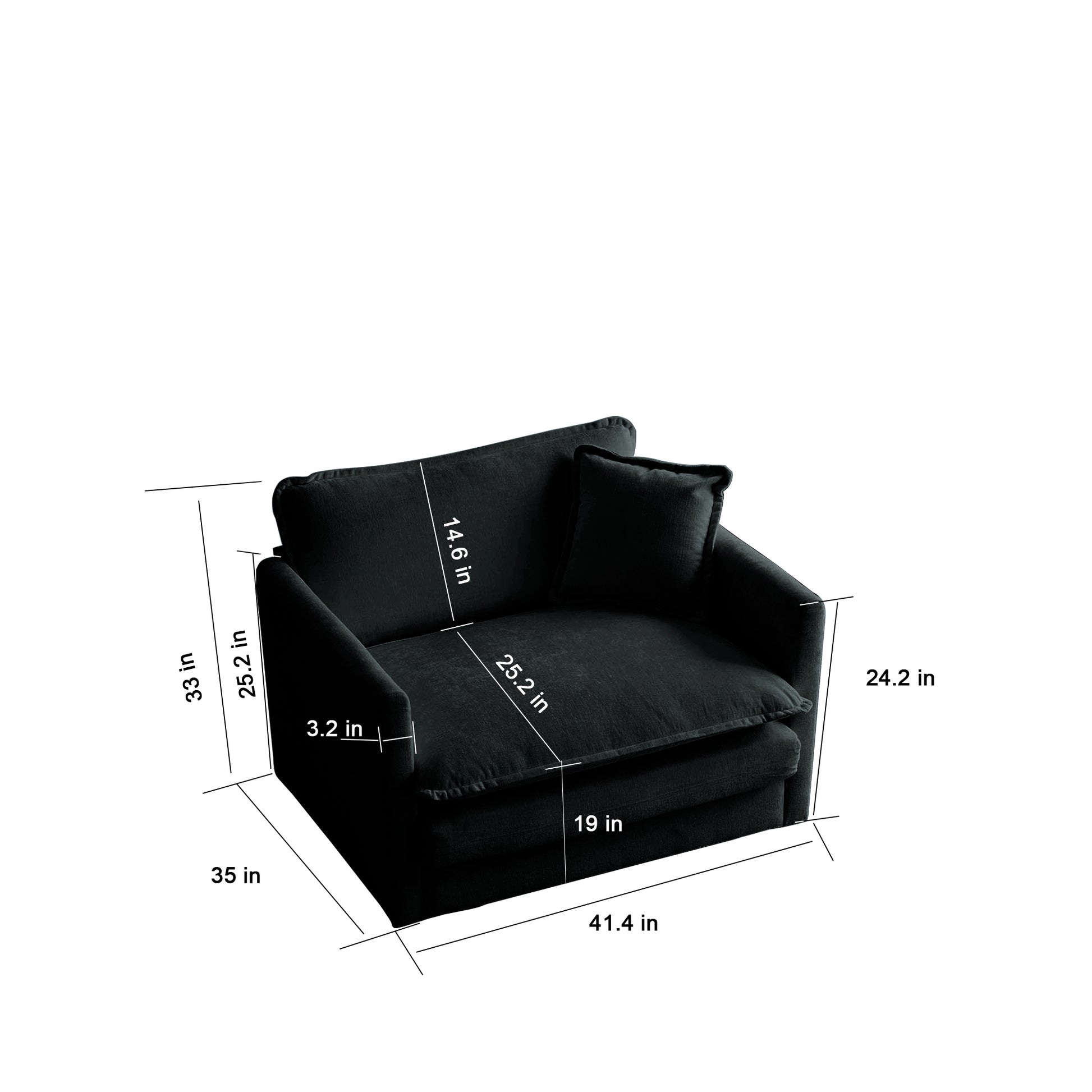 Black velvet armchair with plush cushions and contemporary design dimensions displayed