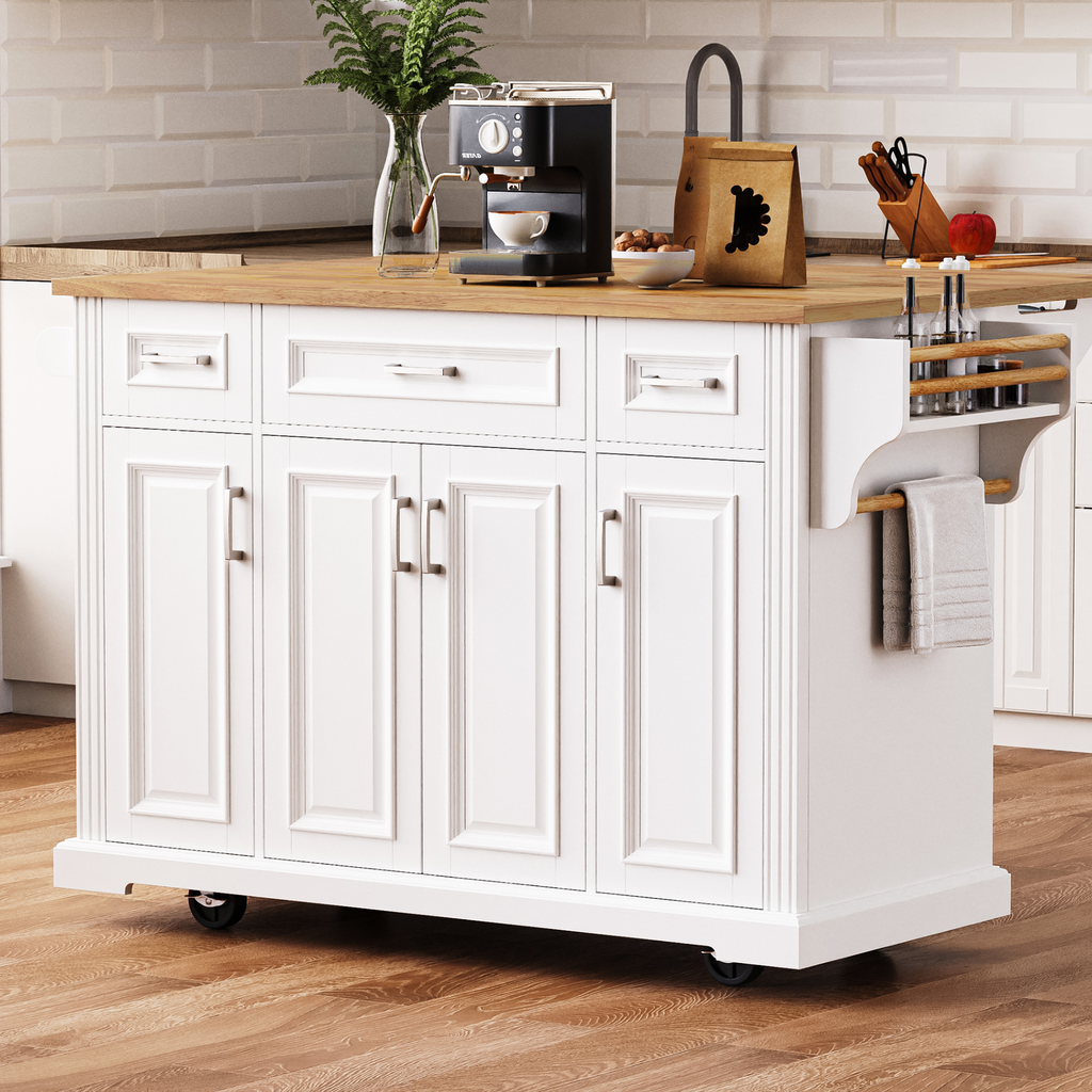 White kitchen island with butcher block countertop and rolling casters