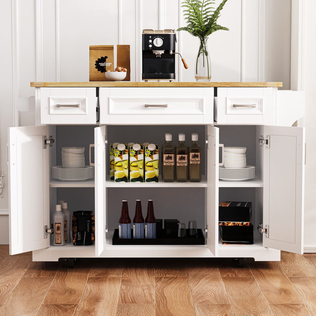 White kitchen island cart with oak top and open shelving showcasing coffee maker juice boxes and bottles