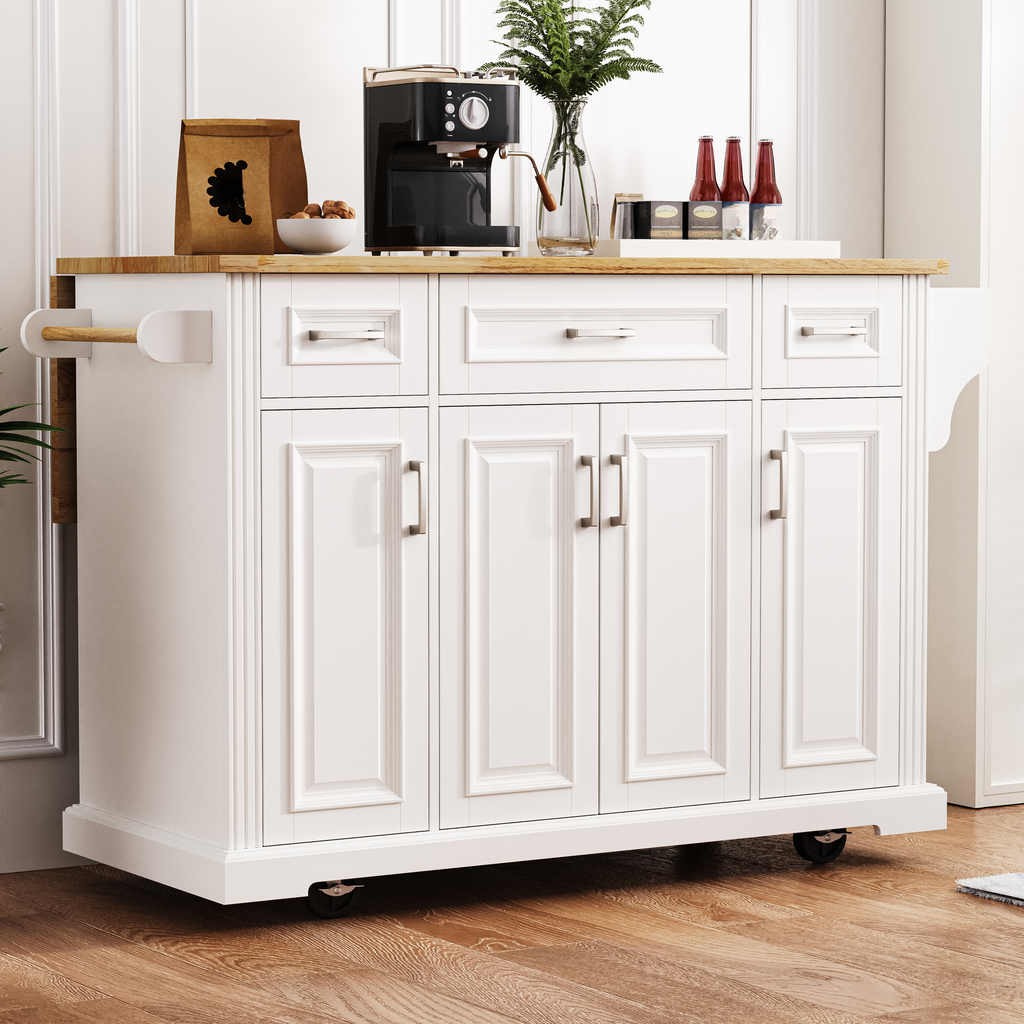 White kitchen island cart with wooden butcher block top and stainless steel hardware