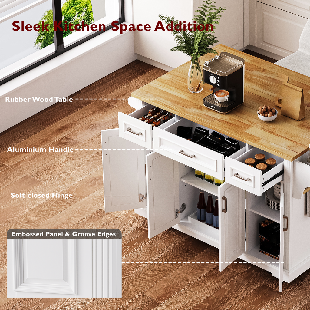 White kitchen island with rubber wood tabletop and drawers