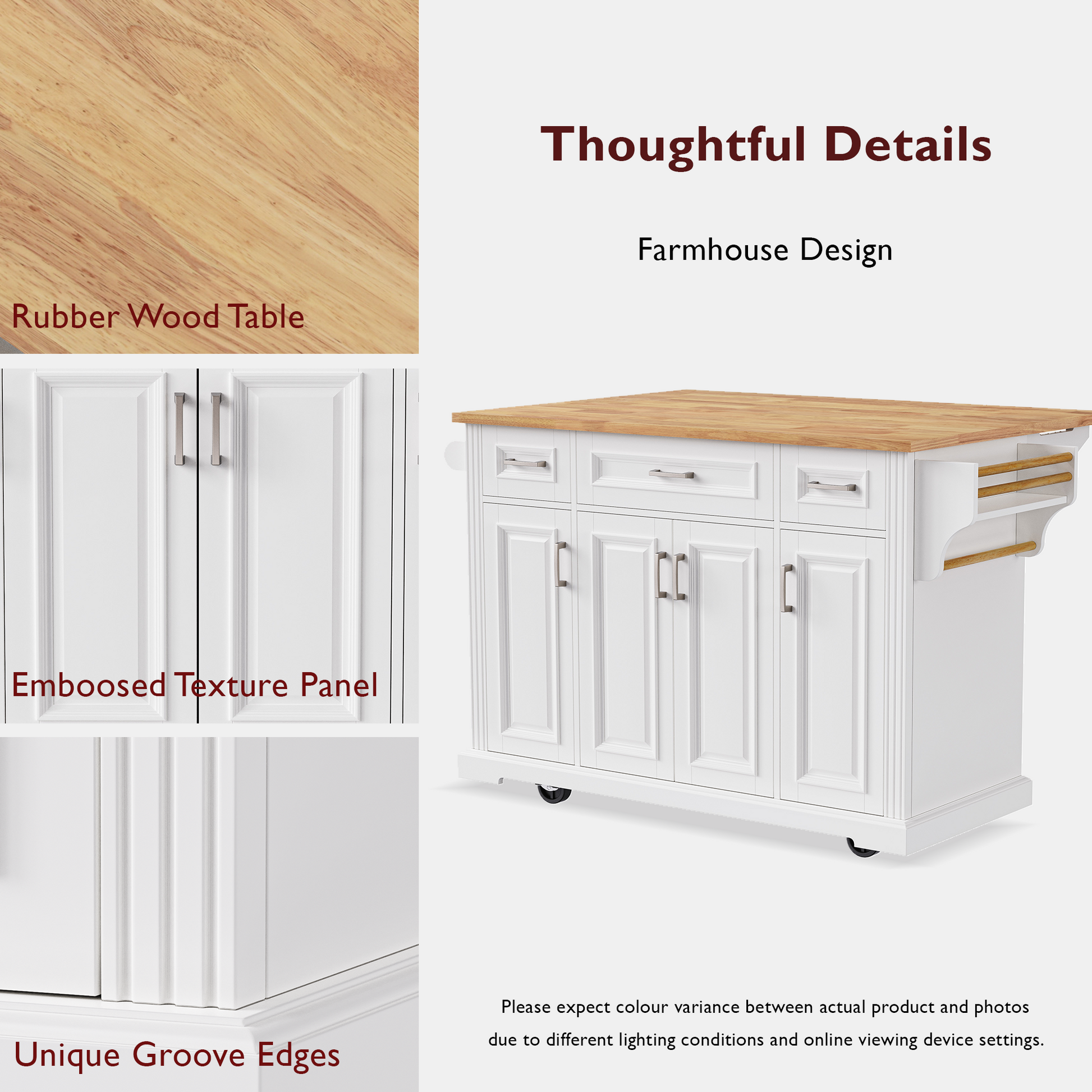 Farmhouse kitchen island with white cabinets and a rubber wood tabletop