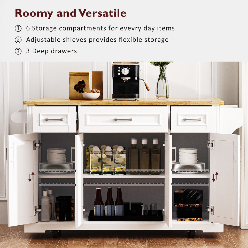 White kitchen island with wooden top offering ample storage with shelves drawers and cabinets